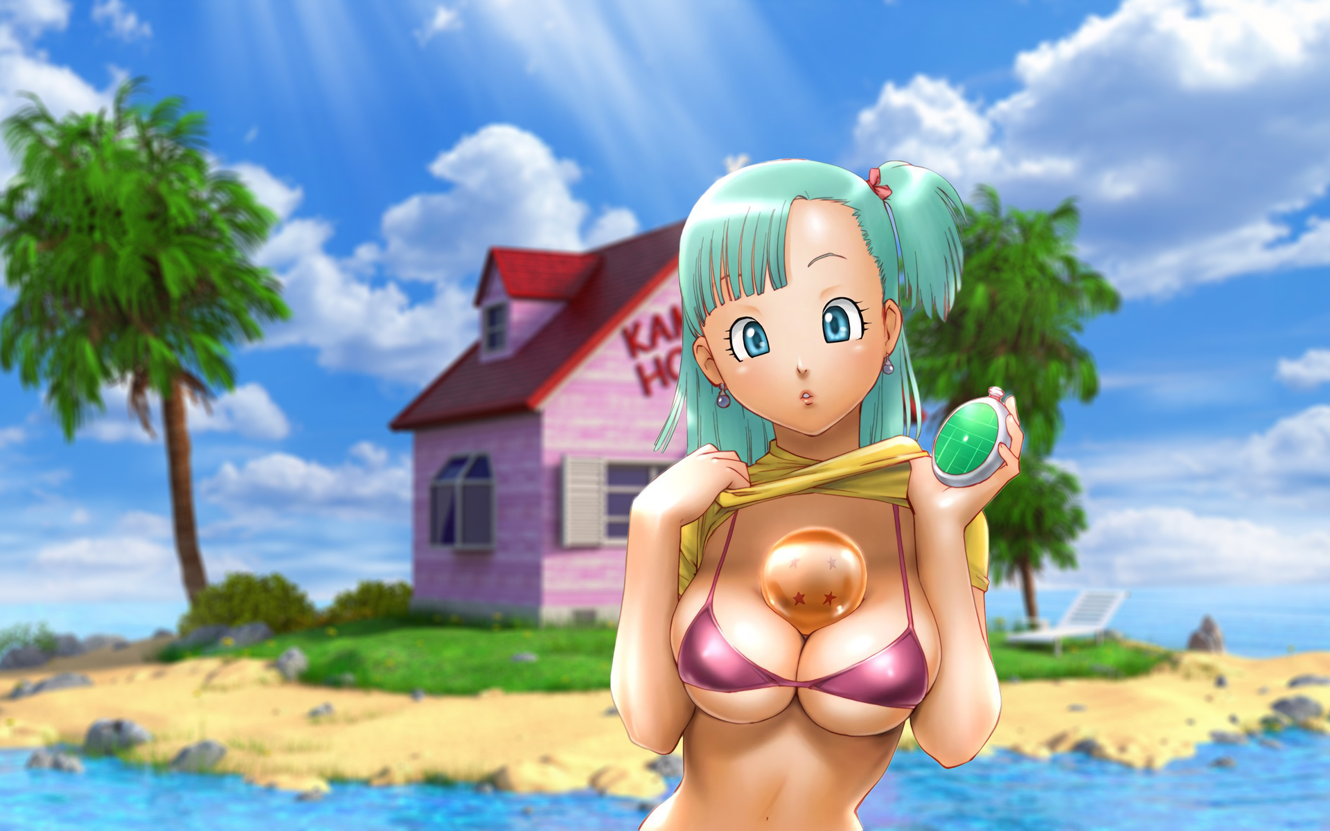 bulma, girl, dragon ball, girl, blonde, anime, sexy, woman, bikini, beach, boobs