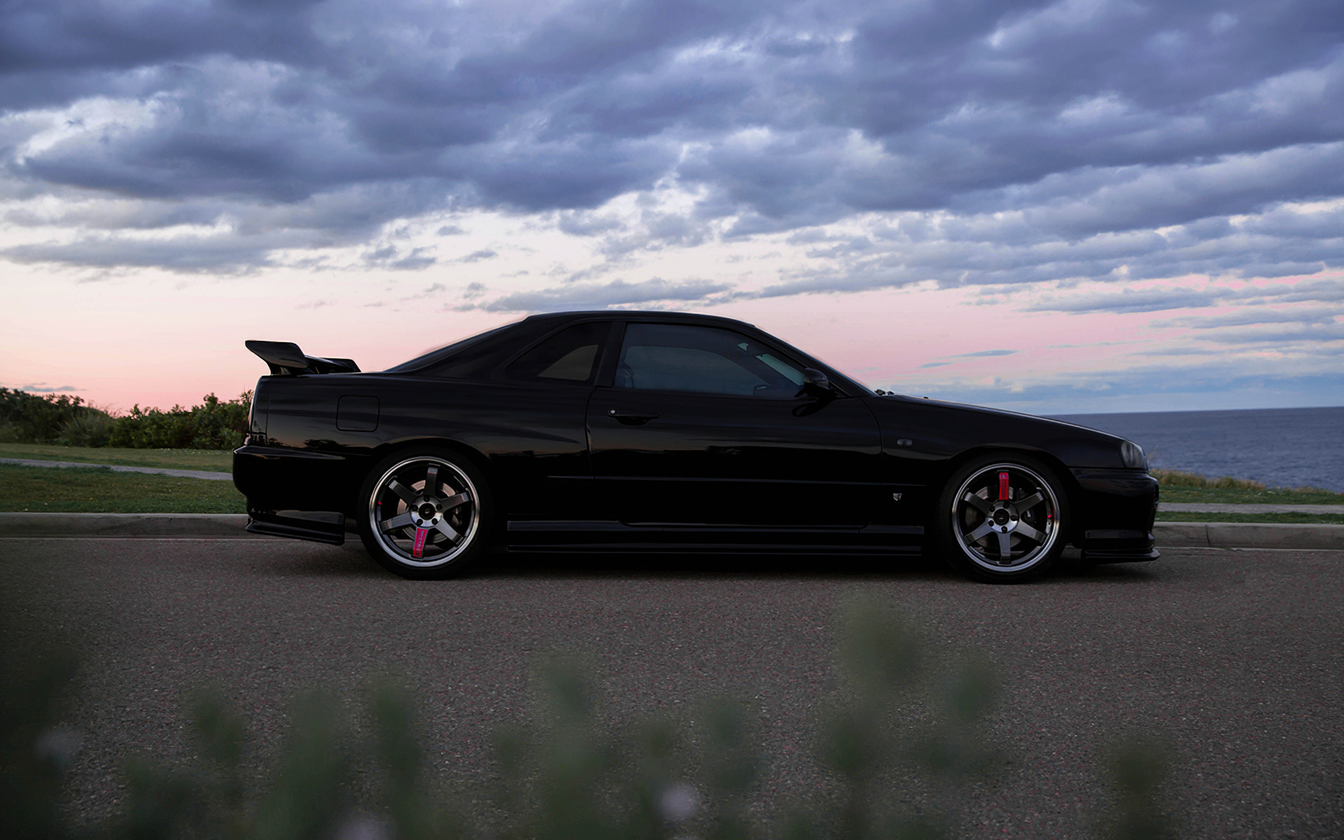 nissan skyline, r34, road, car, black car, nature