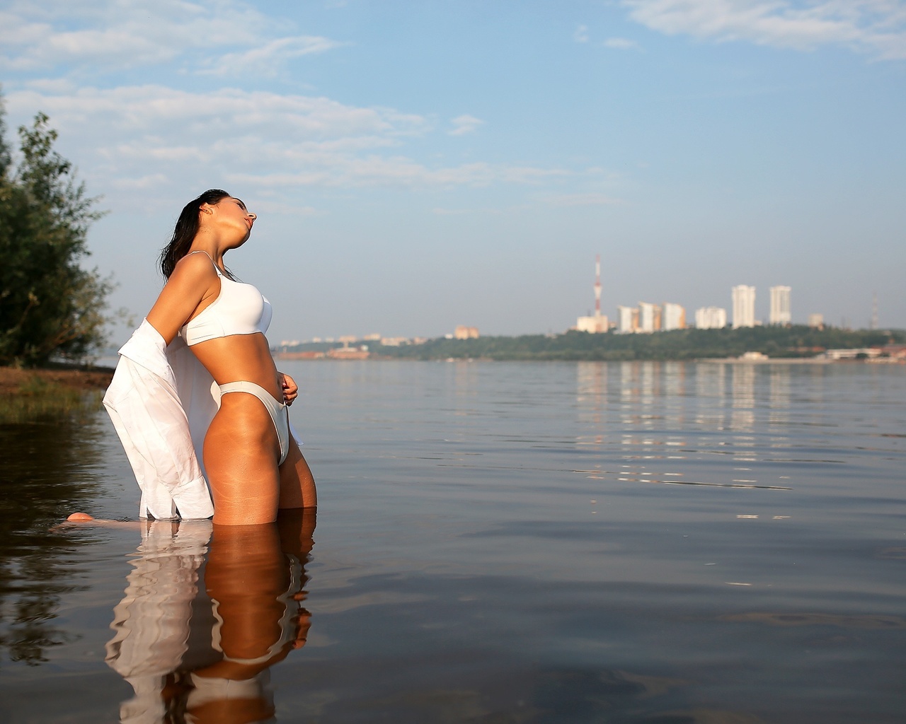 women, river, brunette, women outdoors, water, wet body, belly, kneeling, closed eyes, sky, clouds, white shirt, white clothing, reflection, white lingerie