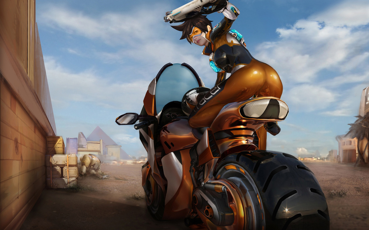 tracer, overwatch, game, girl, anime, brunette, motorcycle