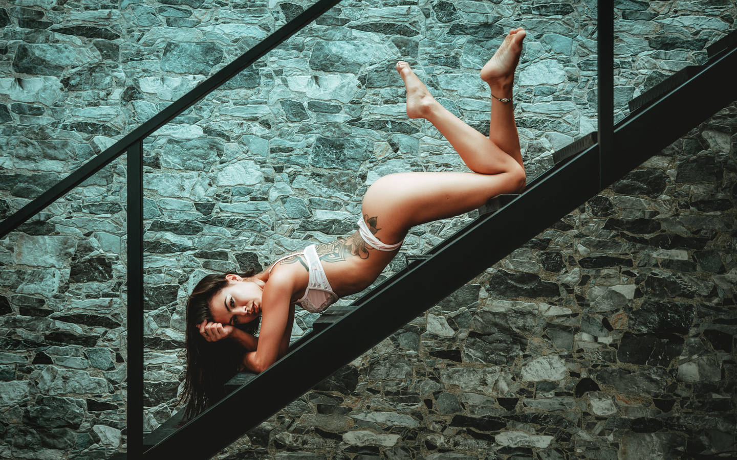 women, stairs, ass, brunette, tattoo, wall, arched back, white lingerie, red lipstick