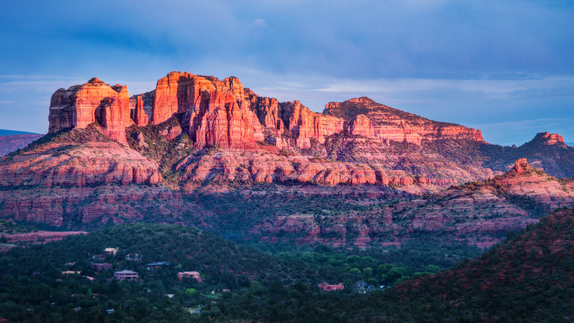 sedona, red, rocks, valley, mountain range, sunset, sky view, blue, green, trees, landscape