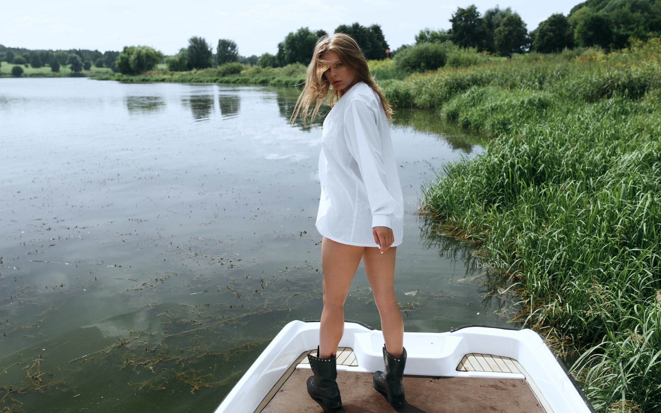 women, alexander belavin, shoes, water, boat, women outdoors, white shirt, brunette, looking at viewer, white nails, hair in face