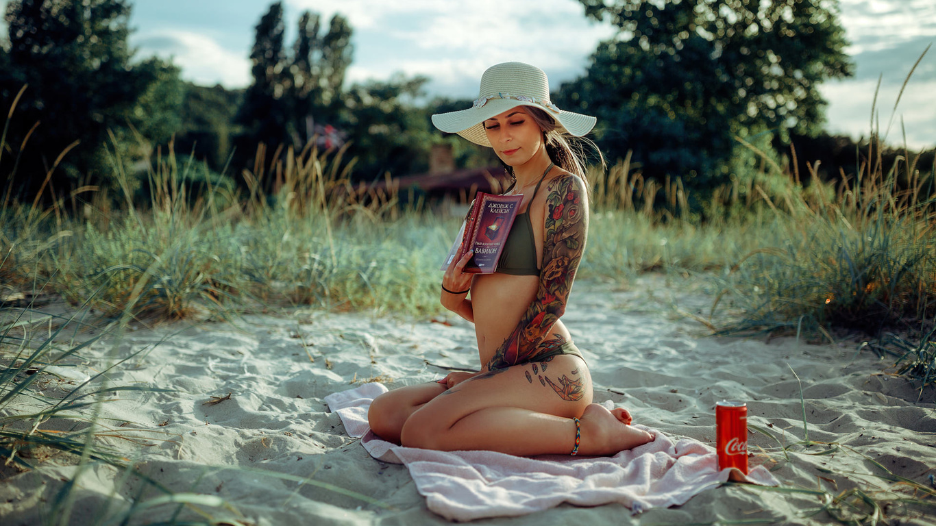 women, hat, bikini, brunette, women outdoors, books, tattoo, sand, sky, coca-cola, towel, belly