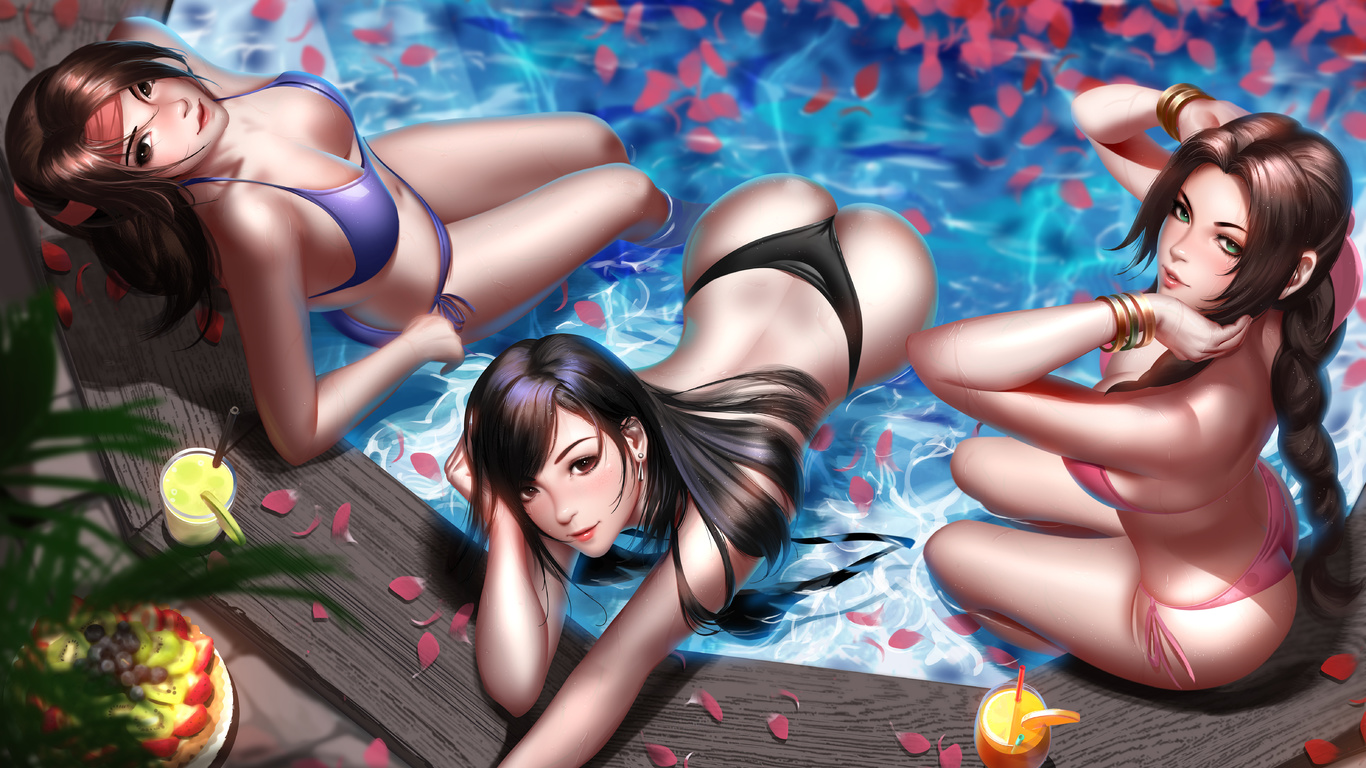 tifa, aerith, jessie, final fantasy, boobs, game, game girls, swimming pool, jacuzzi, bikini, ass, boobs, tifa lockhart