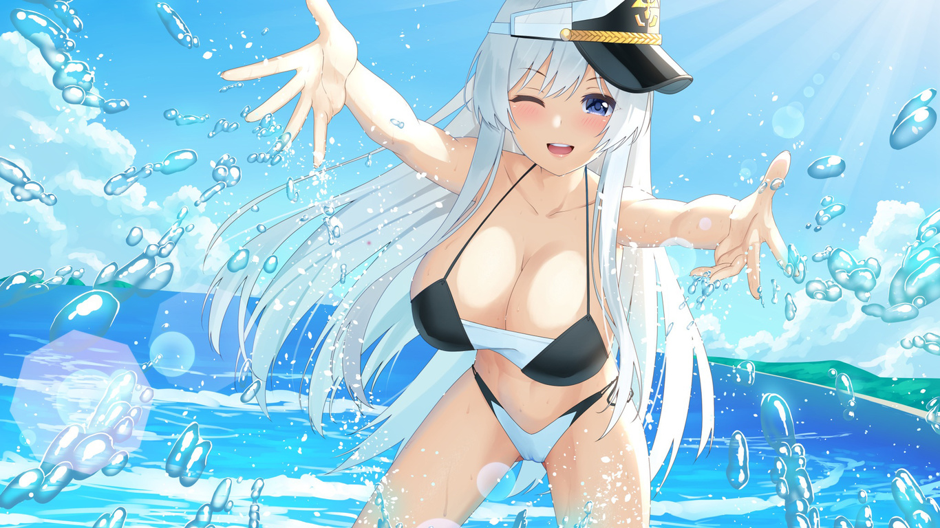 takao, azur lane, enterprise, bikini, swimwear, girl anime, boobs, beach, hat, water, sea