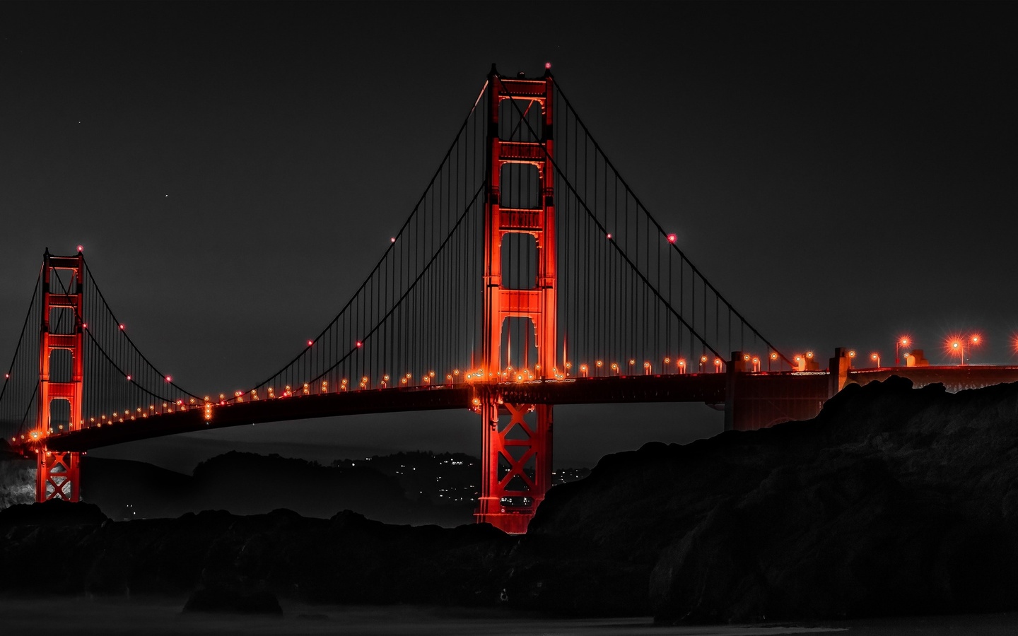 golden gate, bridge, night, monochrome, dark, background, illuminated, san francisco