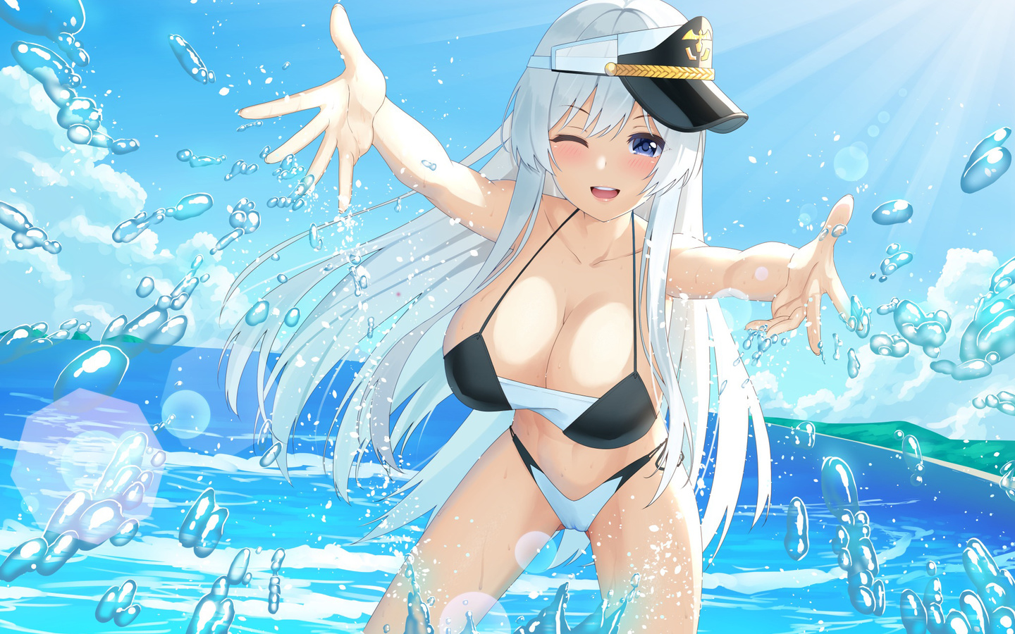 takao, azur lane, enterprise, bikini, swimwear, girl anime, boobs, beach, hat, water, sea