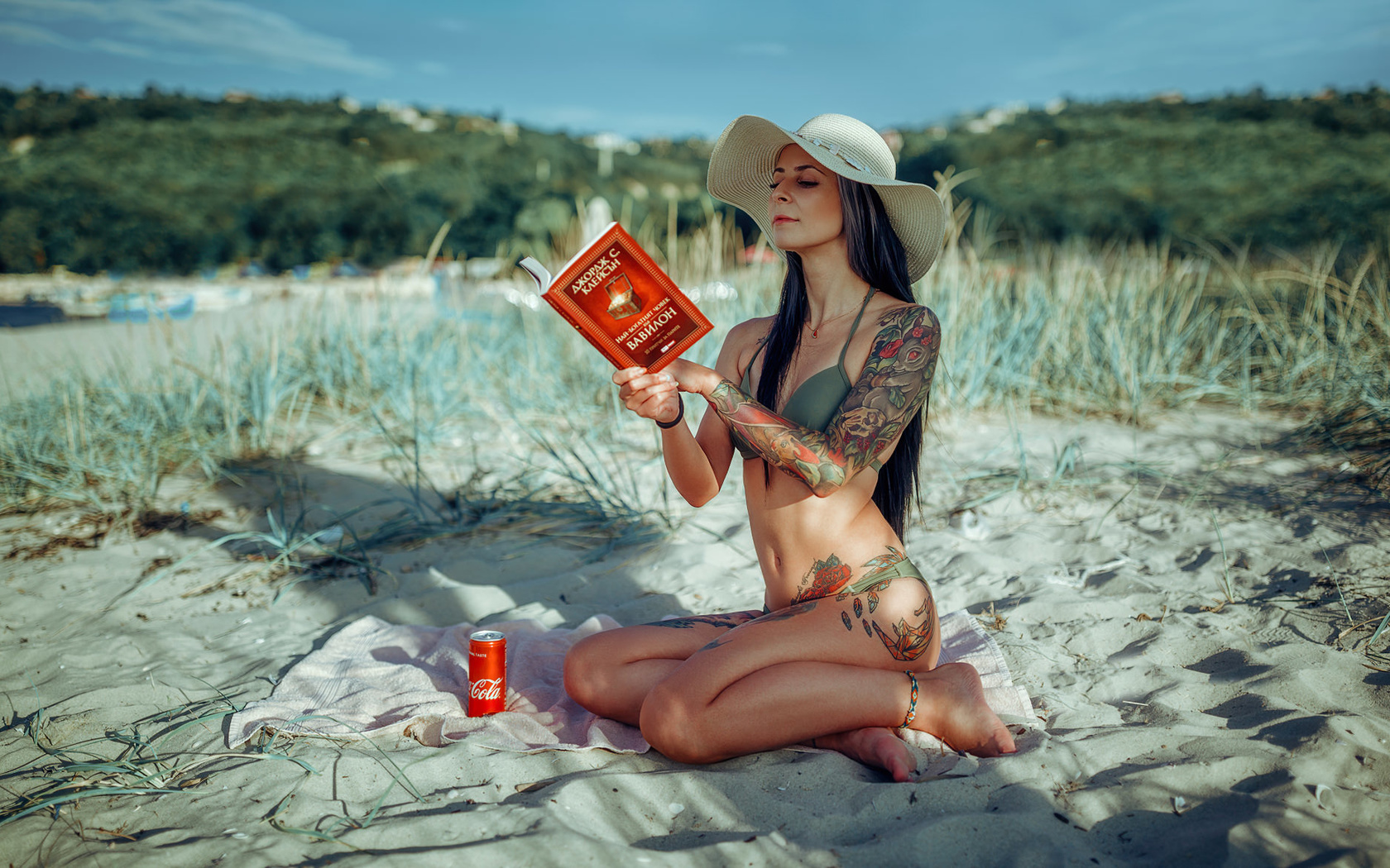 women, hat, bikini, brunette, women outdoors, books, tattoo, sand, sky, coca-cola, belly, sitting, long hair, towel