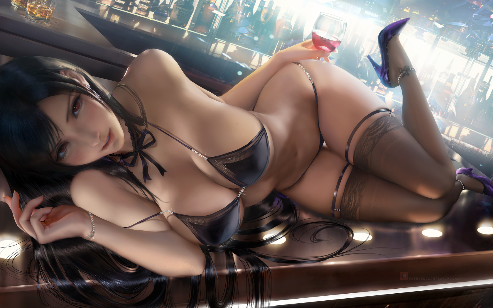 tifa, final fantasy, game girl, brunette, bikini, bra, panties, bar, anime, boobs, high heels