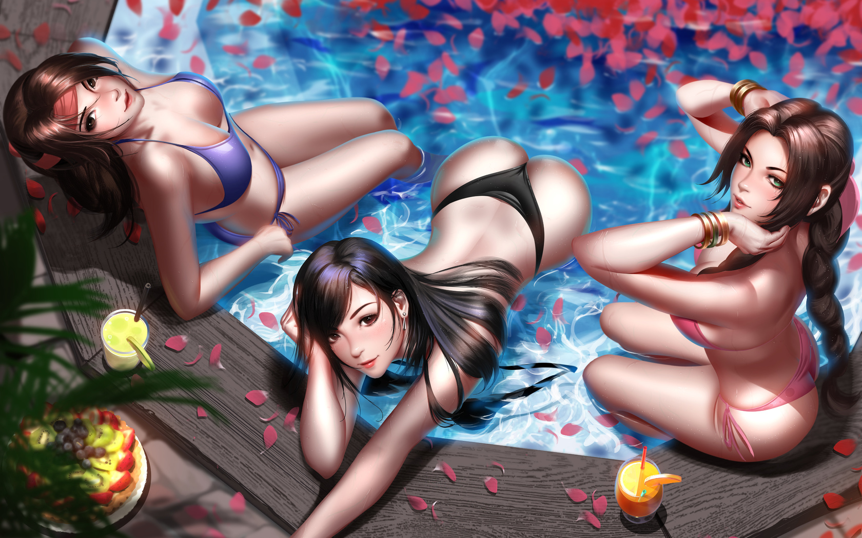 tifa, aerith, jessie, final fantasy, boobs, game, game girls, swimming pool, jacuzzi, bikini, ass, boobs, tifa lockhart