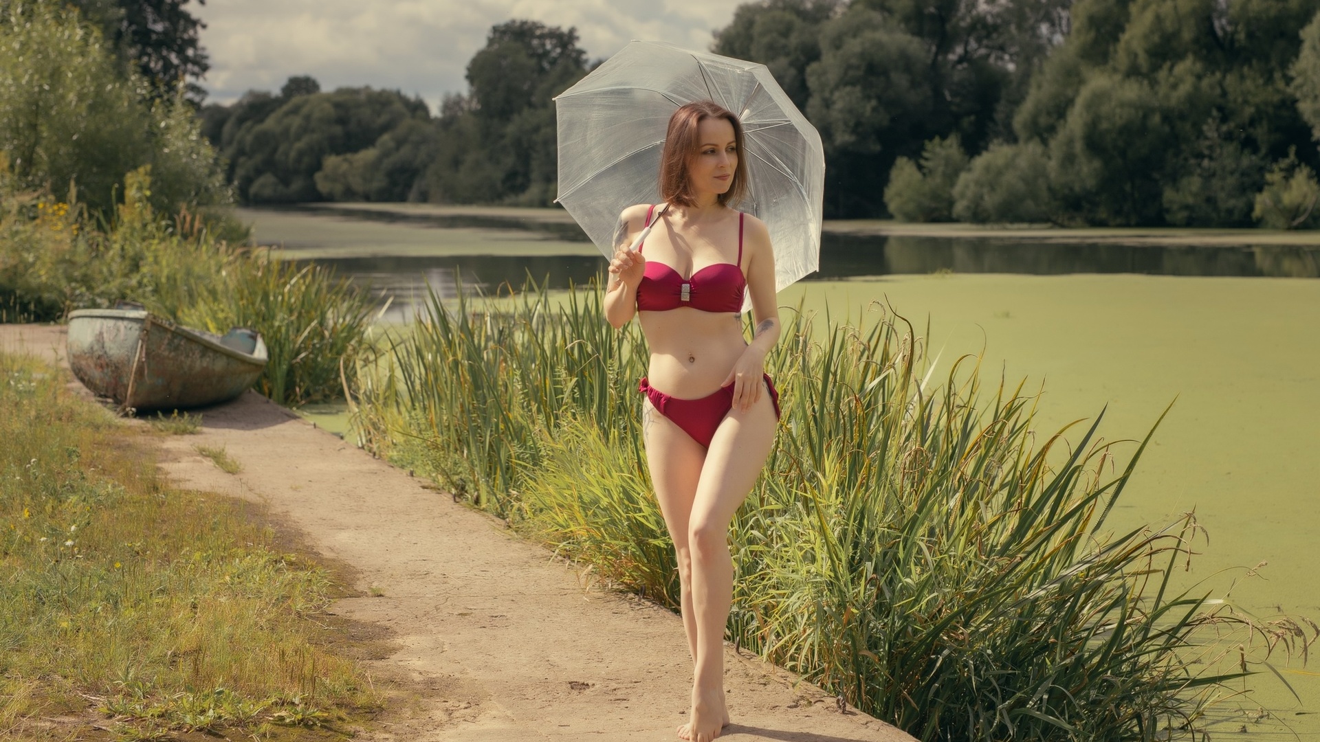 women, umbrella, red bikini, tattoo, belly, women outdoors, lake, boat, legs