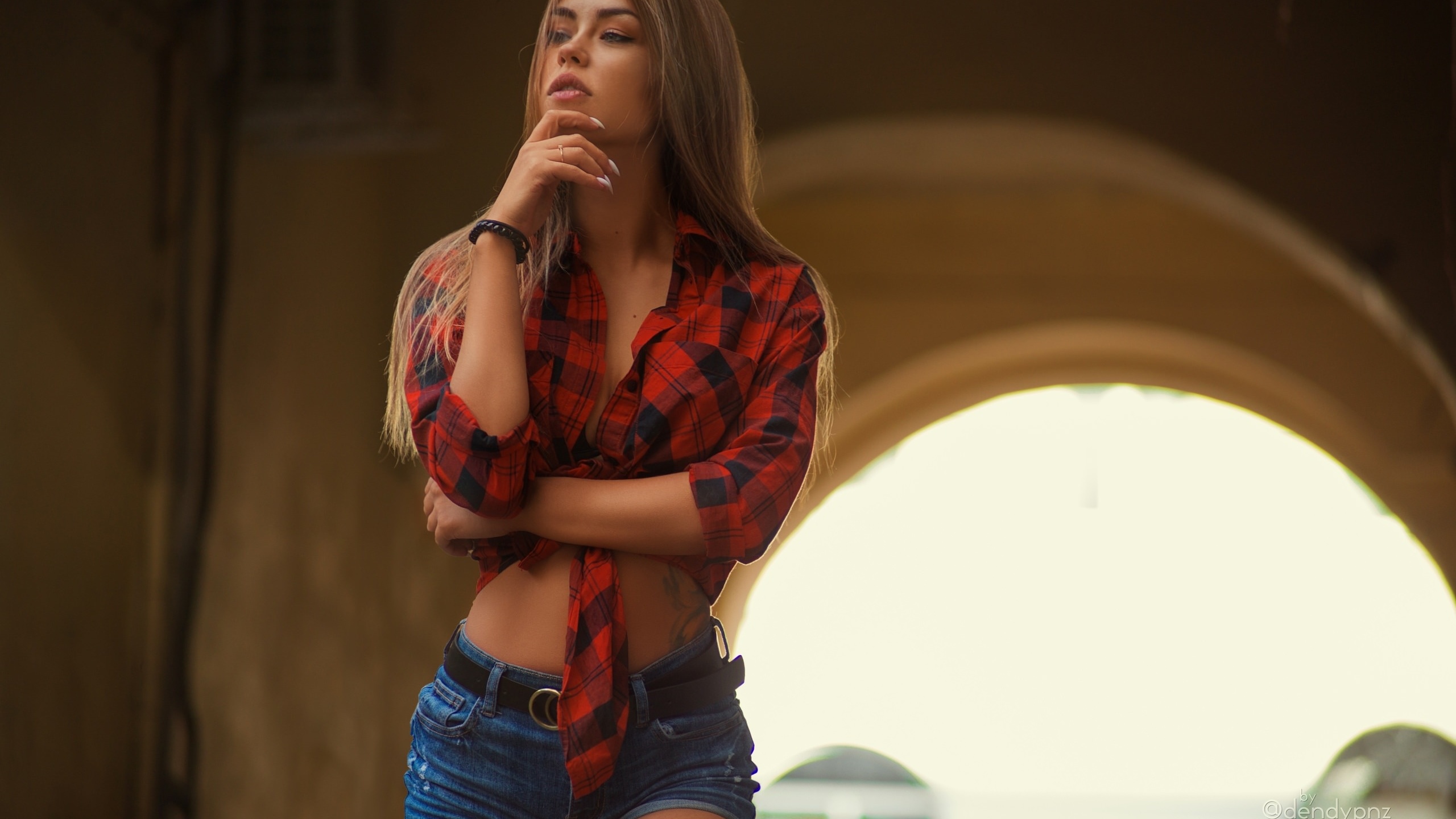 women, jean shorts, plaid shirt, tattoo, brunette, belt, black belt, long hair, looking away