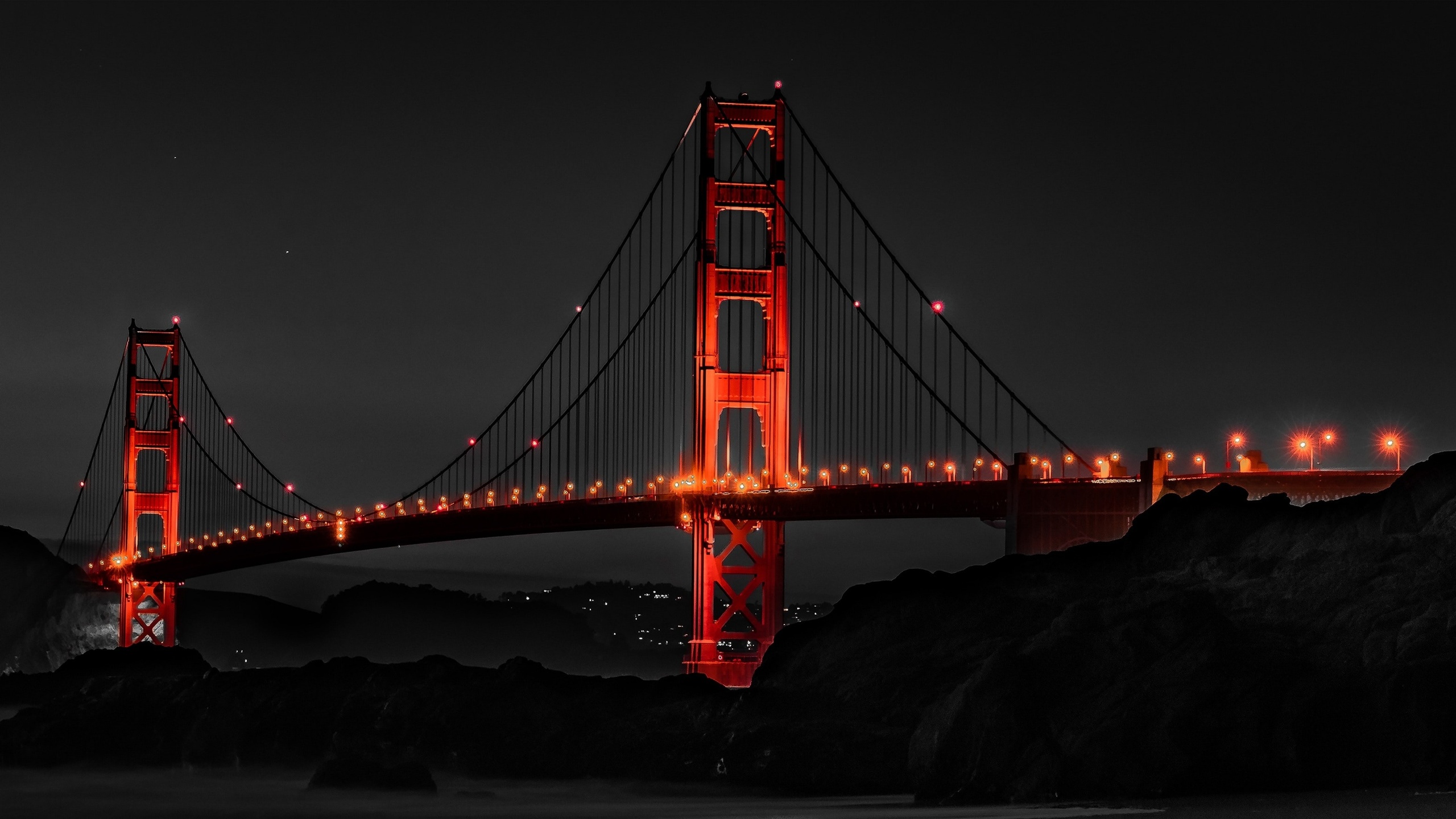 golden gate, bridge, night, monochrome, dark, background, illuminated, san francisco