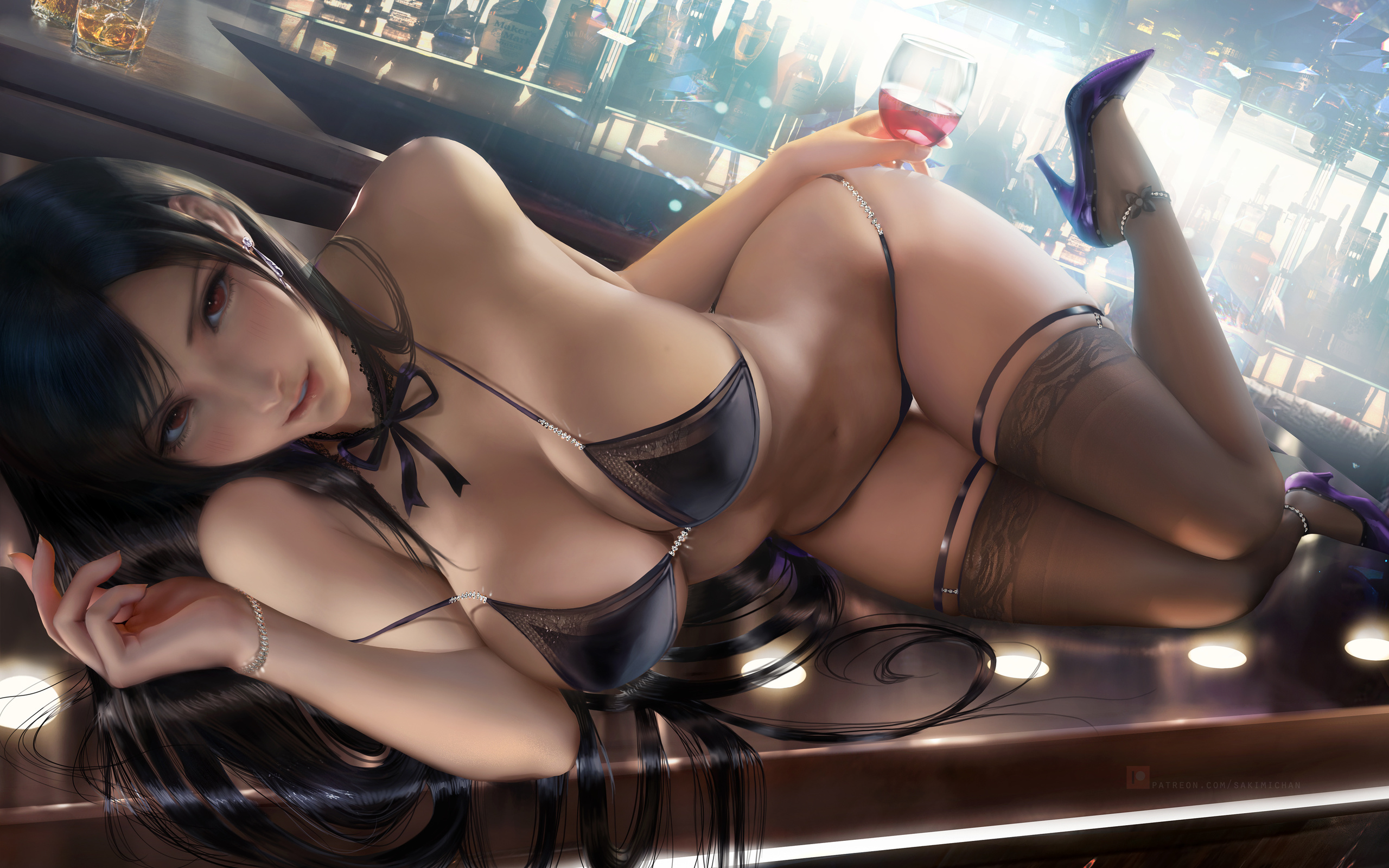 tifa, final fantasy, game girl, brunette, bikini, bra, panties, bar, anime, boobs, high heels