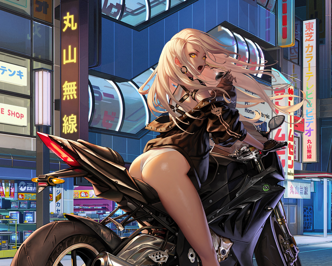 destiny child, game, game girl, motorcycle, city, street, leather jacket, panties, white panties, lingerie, blonde, glasses