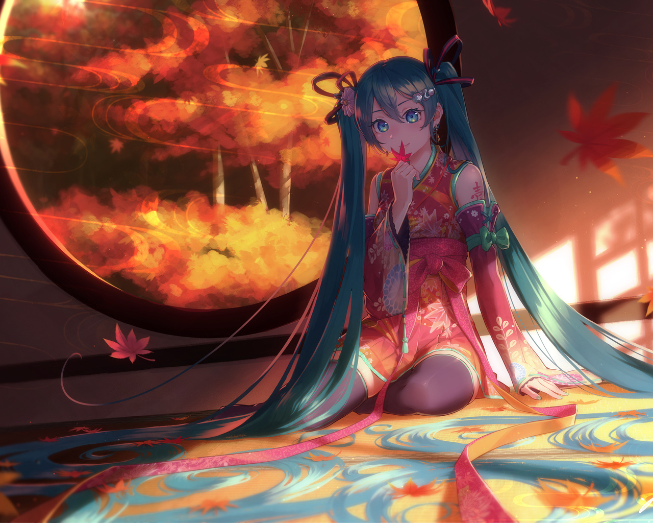 hatsune miku, vocaloid, games, games girl, kimono, tattoo, blue eyes