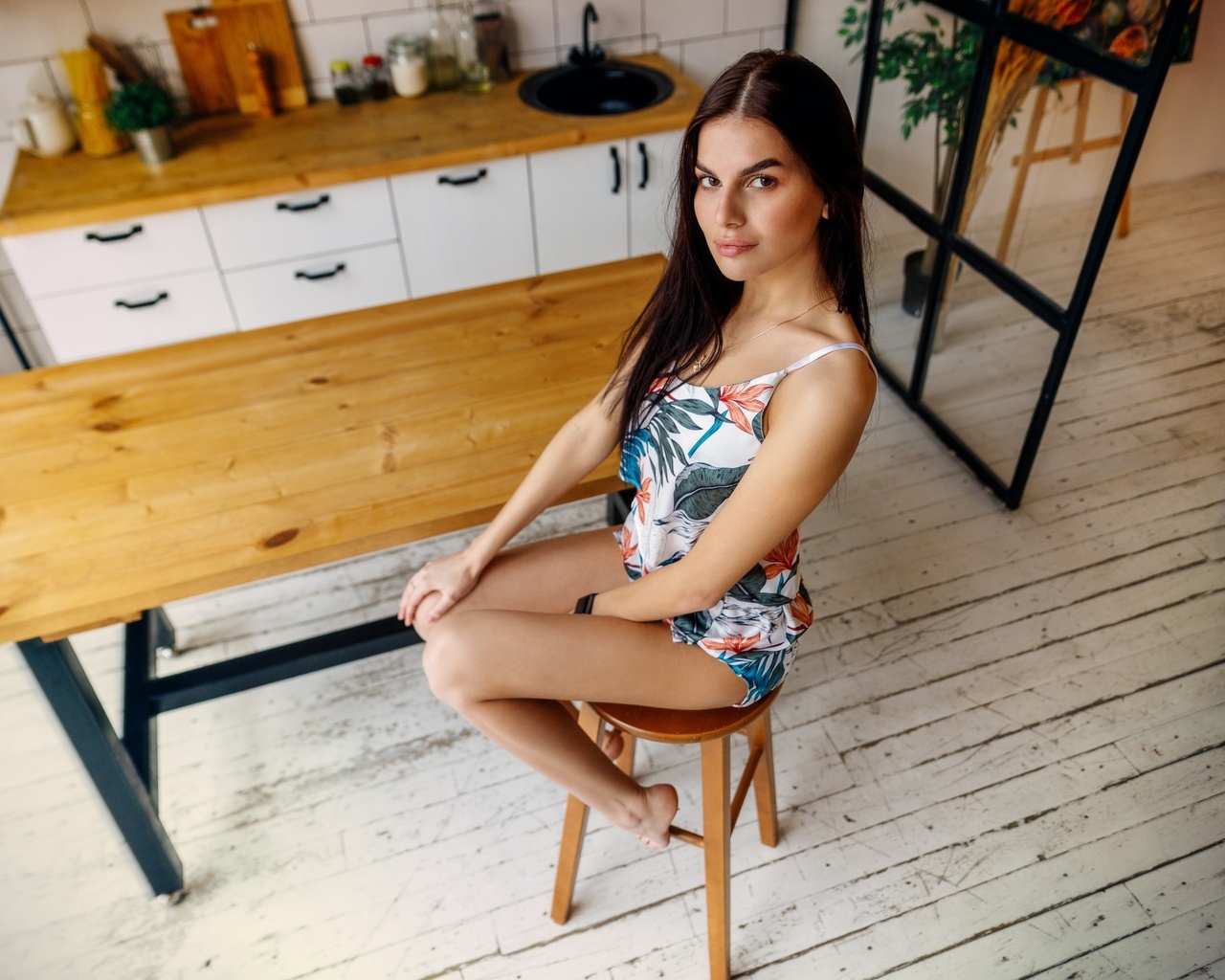 women, sitting, watch, table, looking at viewer, wooden floor, women indoors, necklace, books