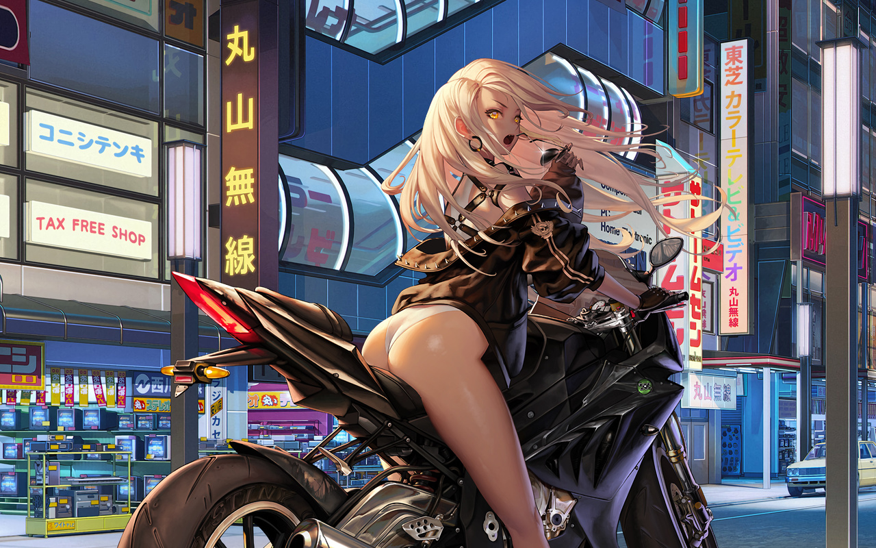 destiny child, game, game girl, motorcycle, city, street, leather jacket, panties, white panties, lingerie, blonde, glasses