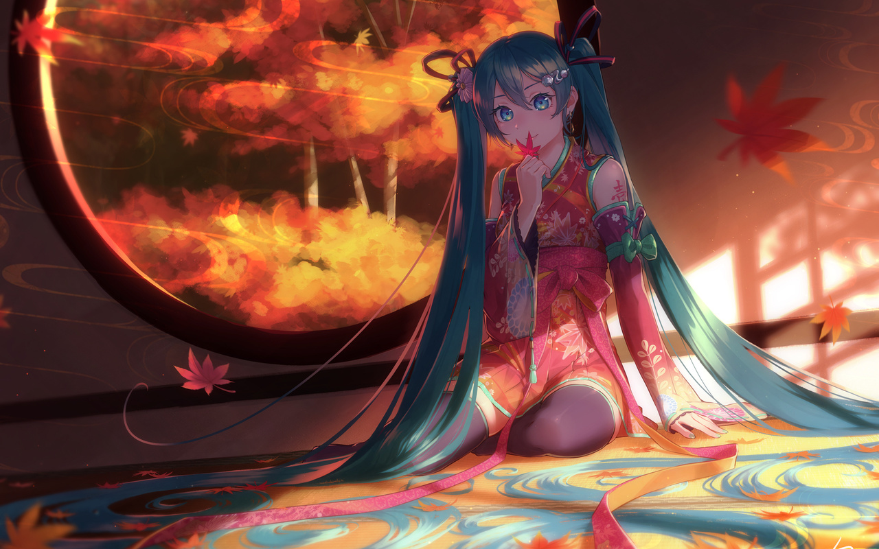 hatsune miku, vocaloid, games, games girl, kimono, tattoo, blue eyes