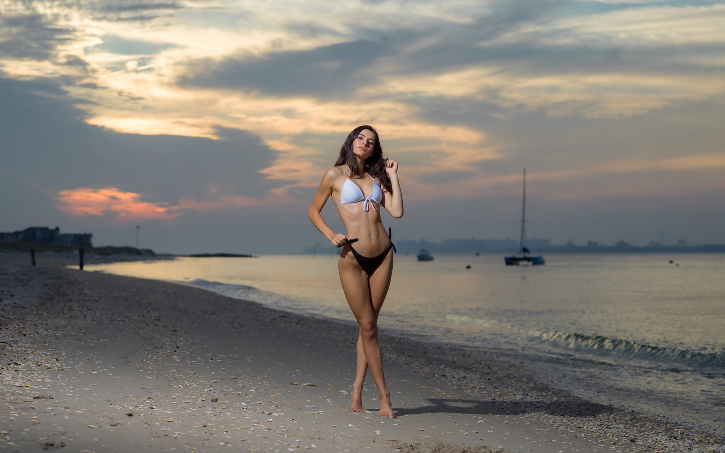 women, beach, bikini, sunset, sky, clouds, sea, sand, belly, women outdoors, ribs