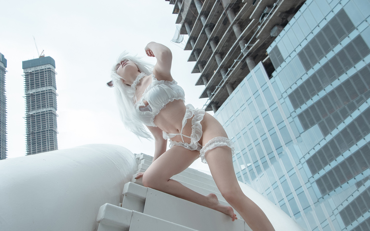 women, white lingerie, white hair, women outdoors, pale, animal ears, building, belly, closed eyes, armpits