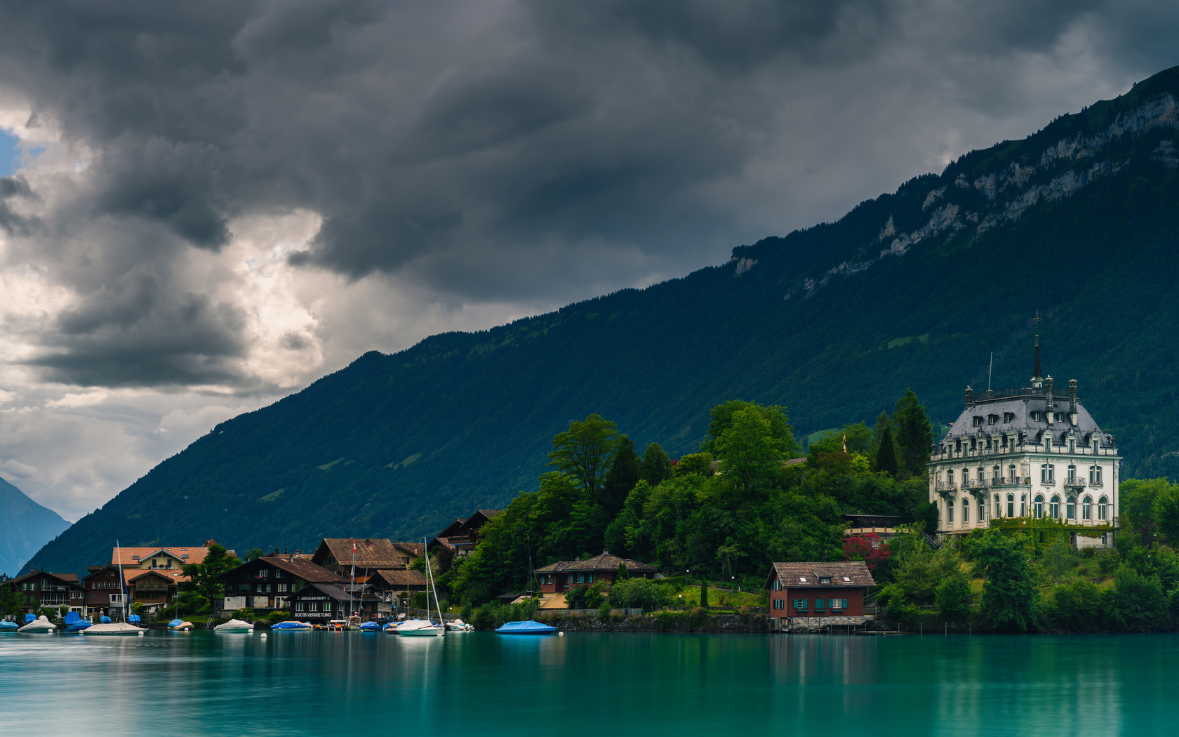 швейцария, горы, озеро, дома, лодки, lake, brienz, альпы, облака, природа