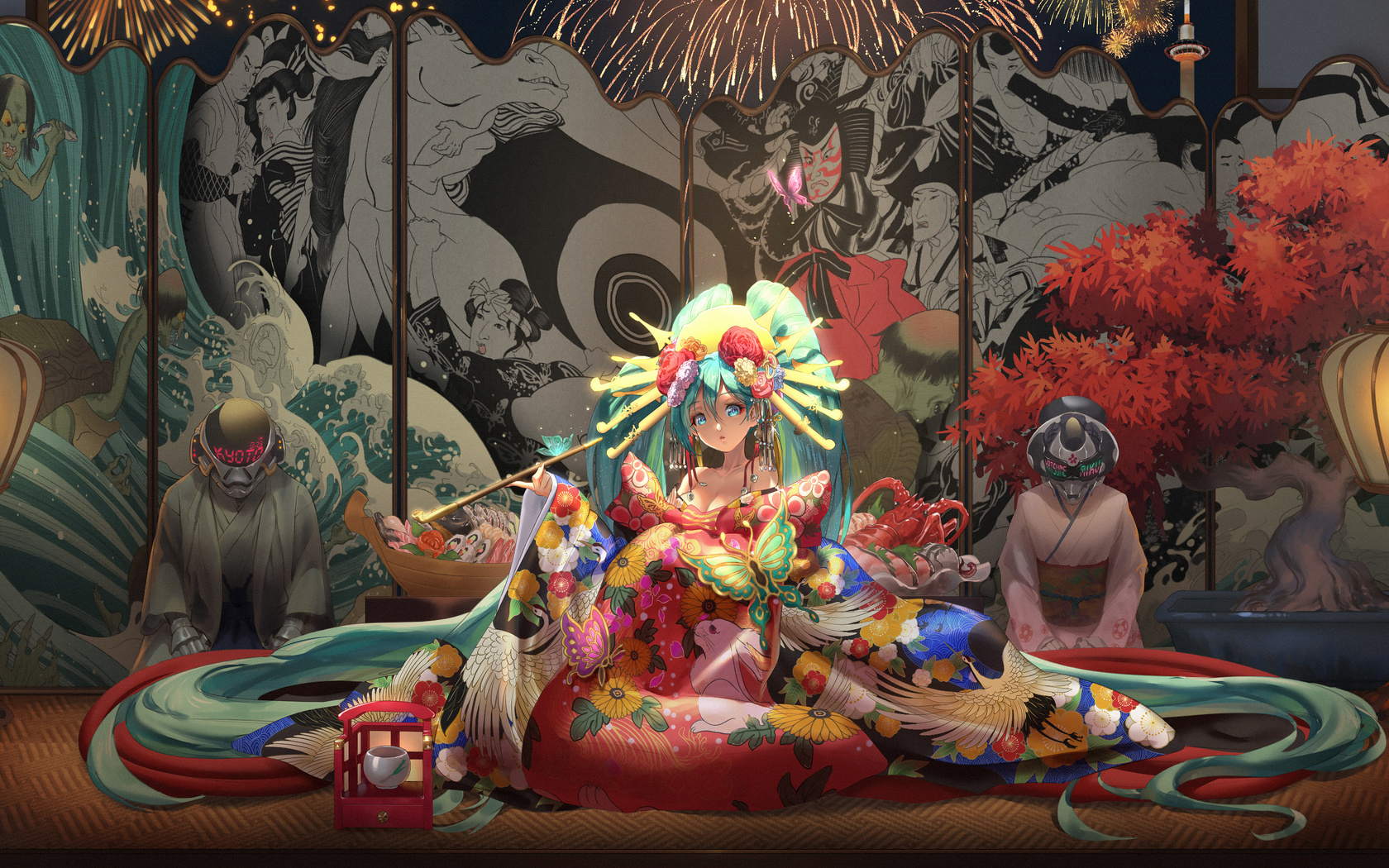 hatsune miku, vocaloid, games, games girl, kimono, butterfly