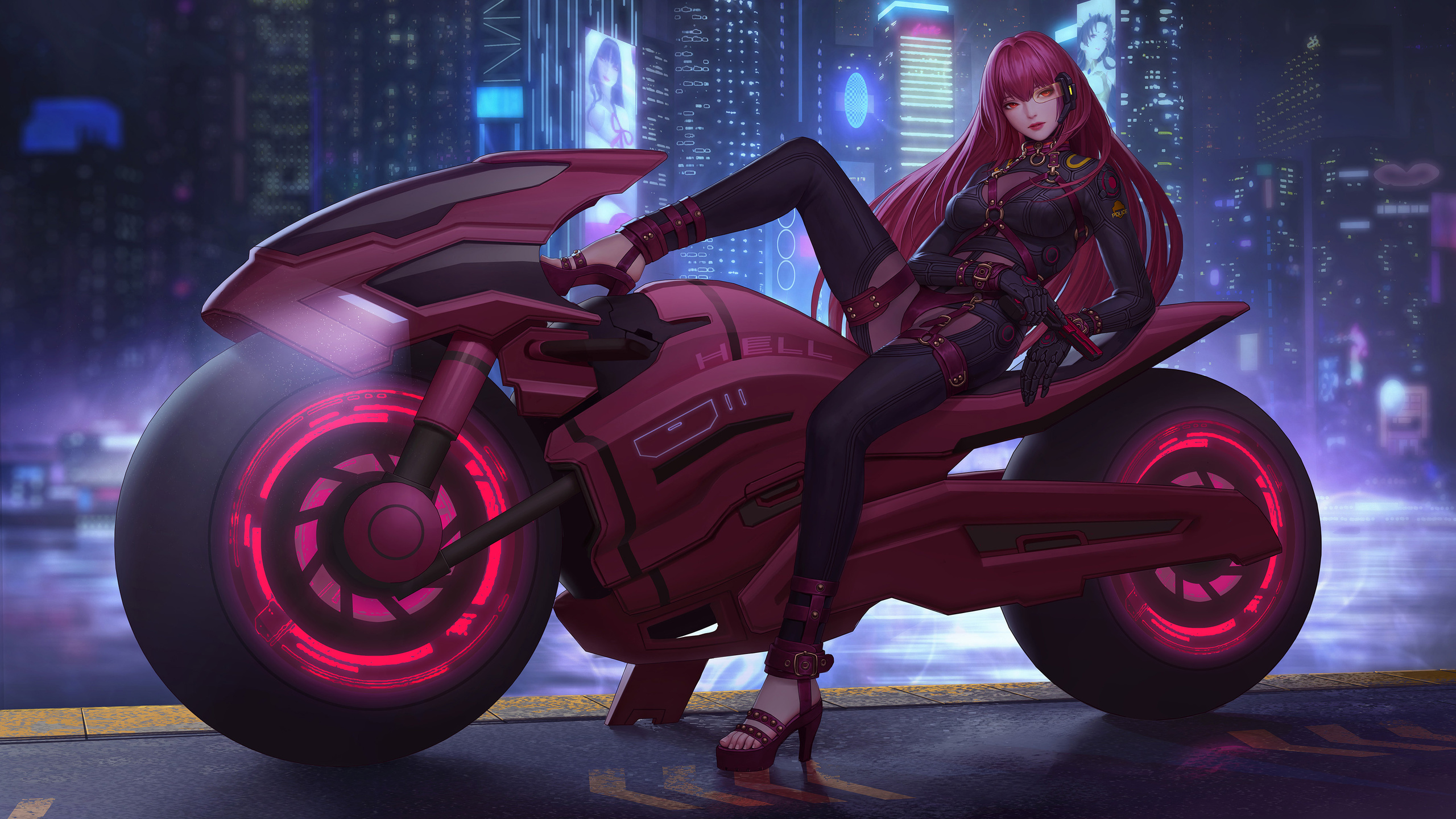 city cyberpunk 2077, fate grand order, gun, motorcycle night, fate grand order, techgirl weapon, anime girl