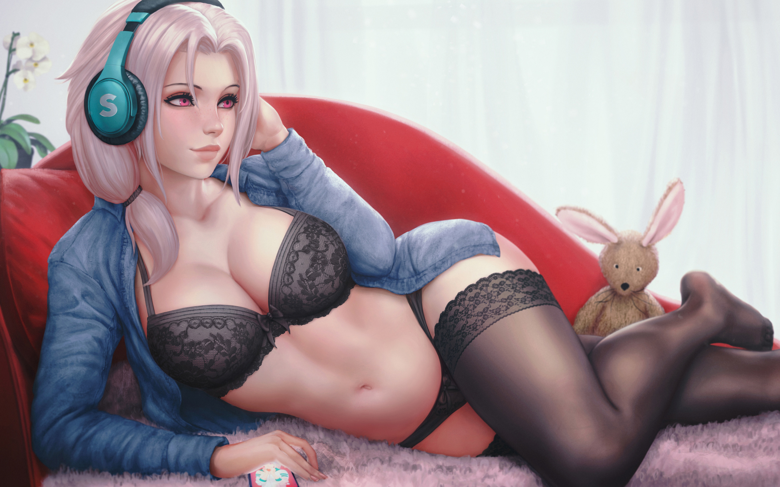 anime girl, couch, beautiful anime, lingerie, black lingerie, window, stuffed rabbit, headphones, pink eyes, panties, bra, chloe, sciamano240