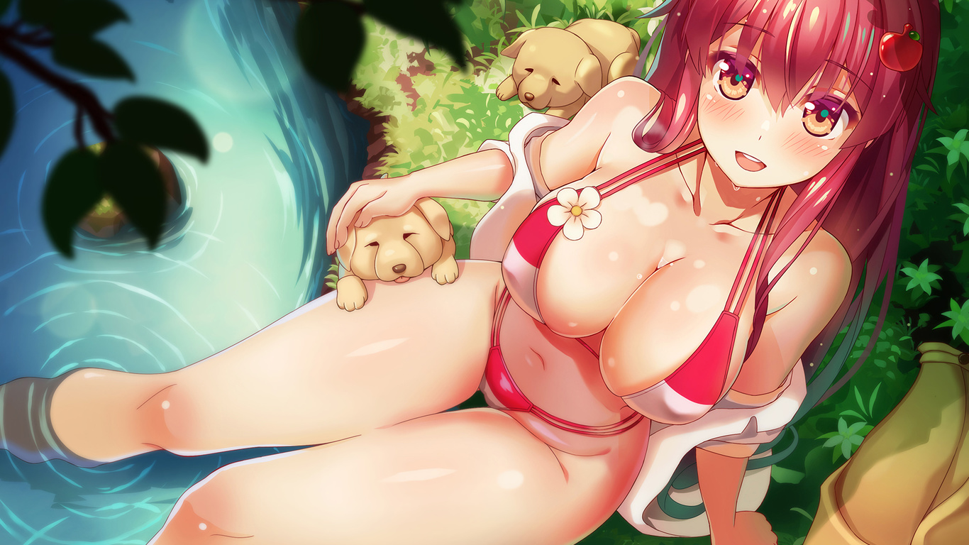 zongmao, anime girl, bikini, red bikini, dog, orange eyes, boobs, big boobs, fan art, digital art, redhead, thighs