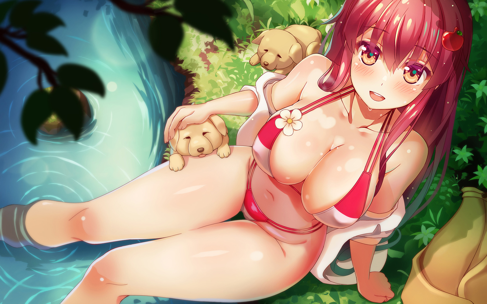 zongmao, anime girl, bikini, red bikini, dog, orange eyes, boobs, big boobs, fan art, digital art, redhead, thighs