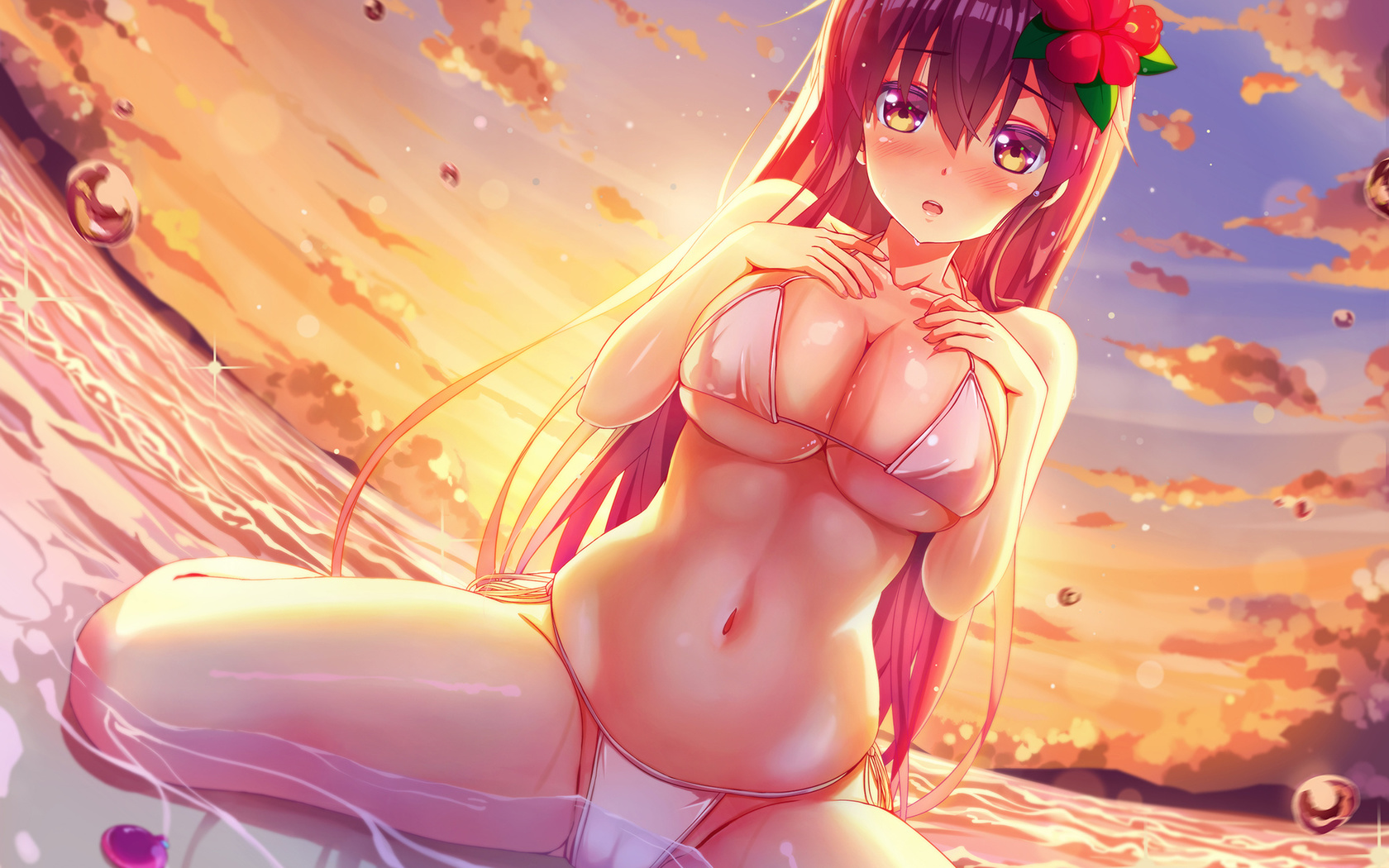 zongmao, anime girl, bikini, pink bikini, white bikini, beach, orange eyes, boobs, big boobs, fan art, digital art, redhead, thighs, belly, hips, belly button, long hair, sea, sky