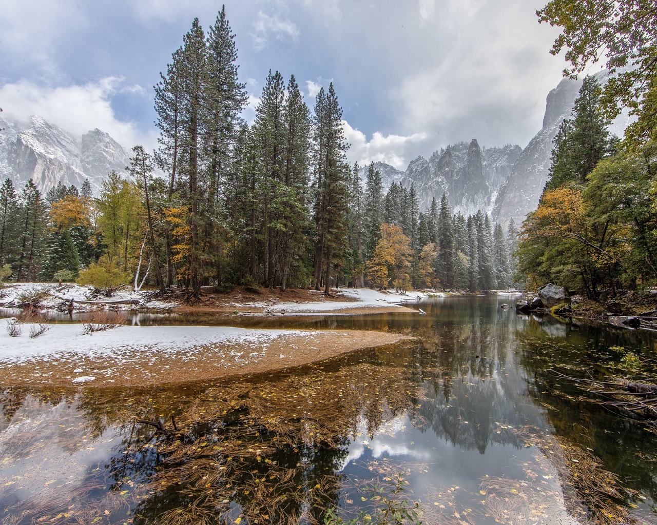 nature, forest, lake, mountains, winter