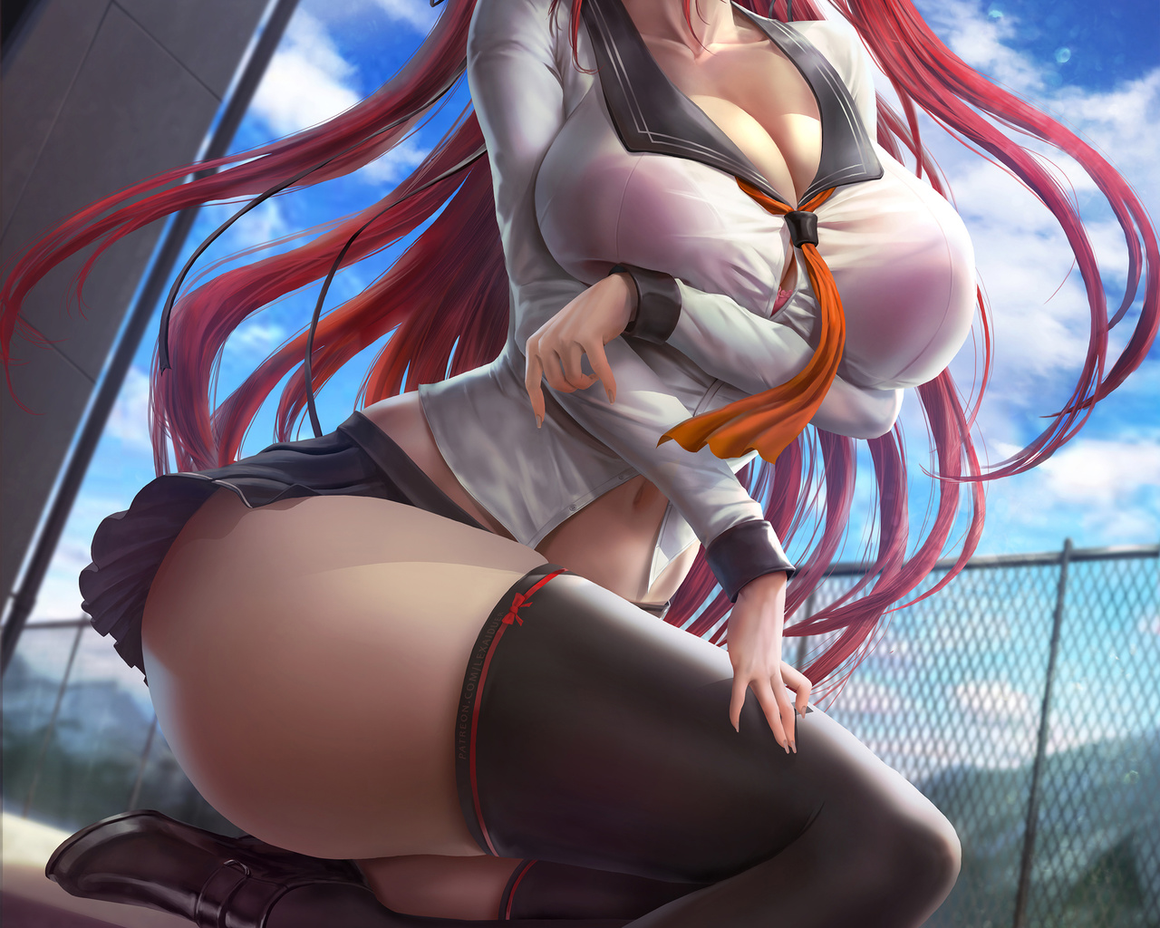 lexaiduer, shinmai maou no testament, naruse mio, anime girl, redhead, through blouse, miniskirt, black stockings, sitting, bra, clouds, sky, belly, belly button, digital art, pink eyes