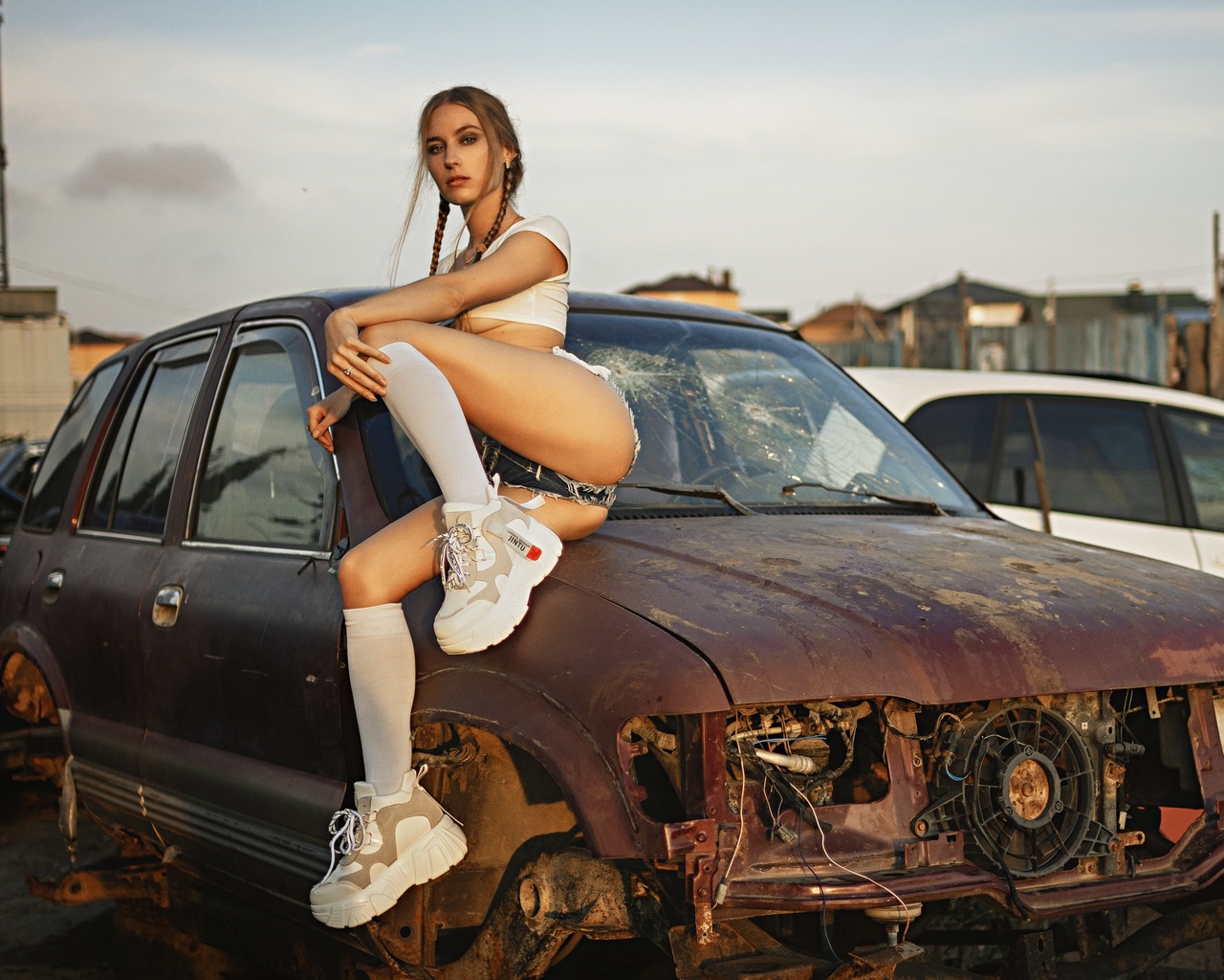 women, pigtails, jean shorts, car, crop top, women outdoors, ass, sitting, underboob, boobs, white stockings, sneakers