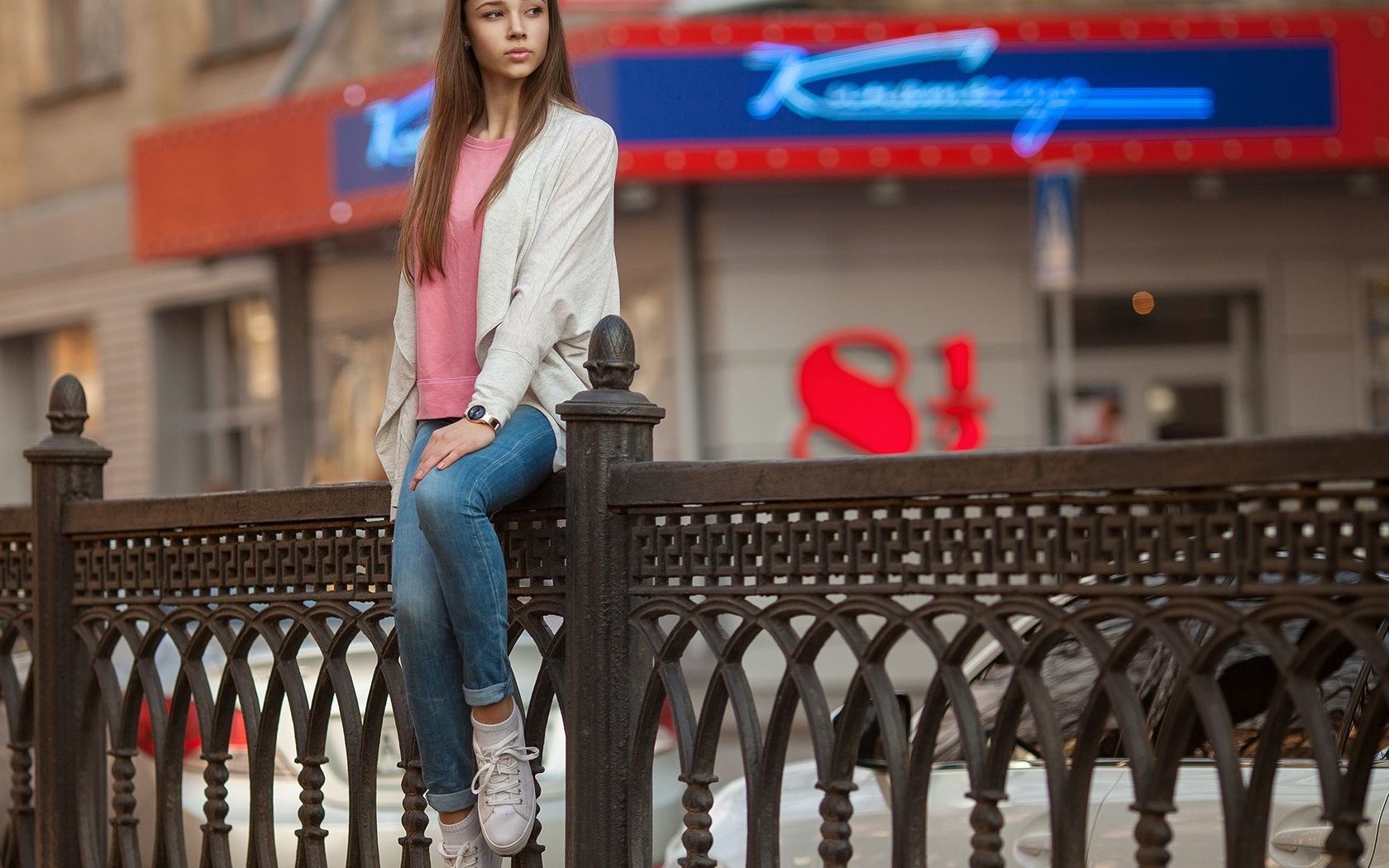 women, model, jeans, brunette, sweater, t-shirt, sneakers, city, sitting, street, railing, glasses