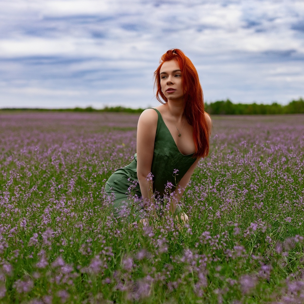 redhead, model, women, nature, green dress, neckline, flowers, grass, sky, clouds, necklace, trees, women outdoors