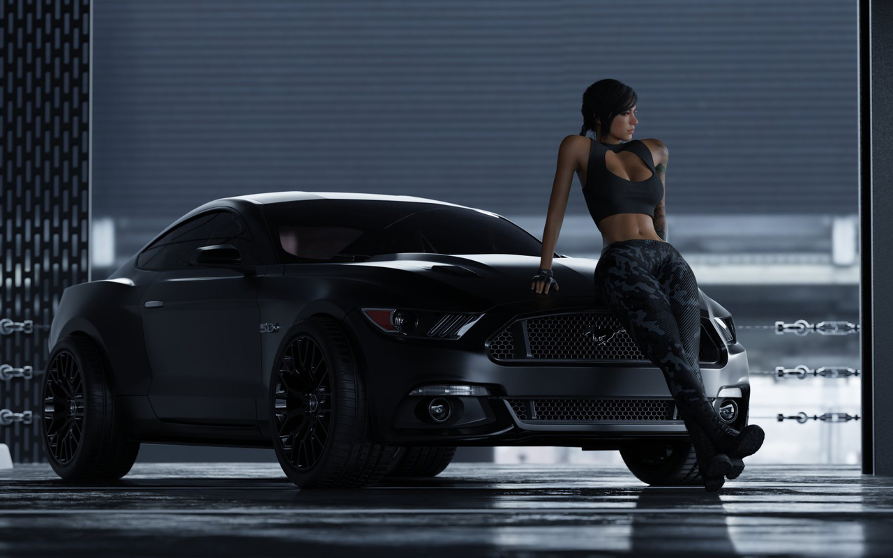 mara, mara valkyrie, call of duty, mustang, garage, brunette, black car, tattoo, top, sweatpants, boots, braid, belly, belly button, video games, video game art, neckline