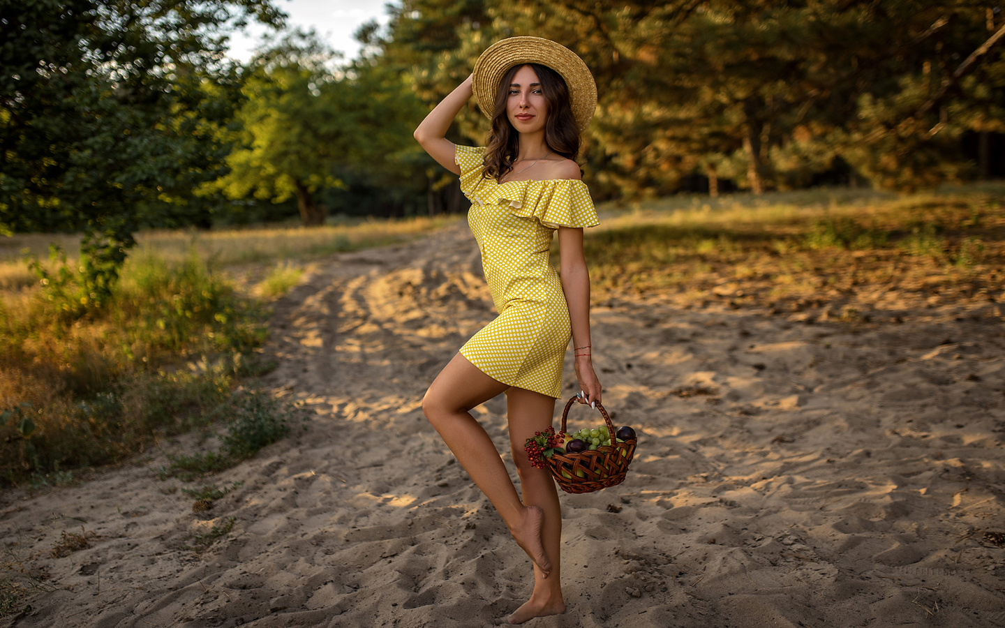 women, skinny, yellow dress, women outdoors, brunette, hat, smiling, fruit, polka dots, necklace, trees