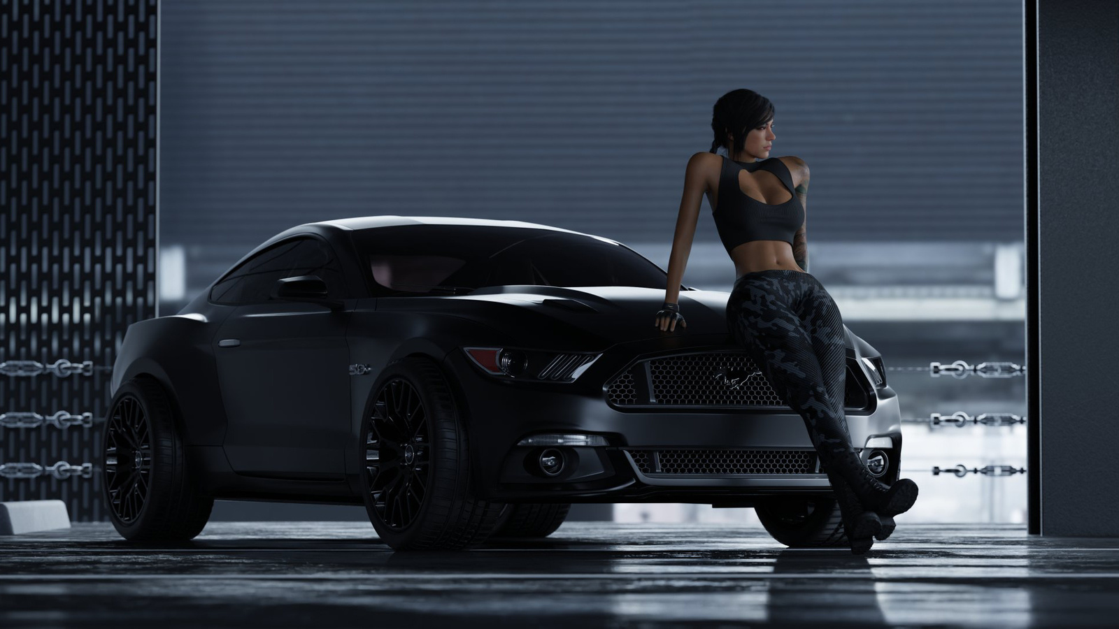 mara, mara valkyrie, call of duty, mustang, garage, brunette, black car, tattoo, top, sweatpants, boots, braid, belly, belly button, video games, video game art, neckline