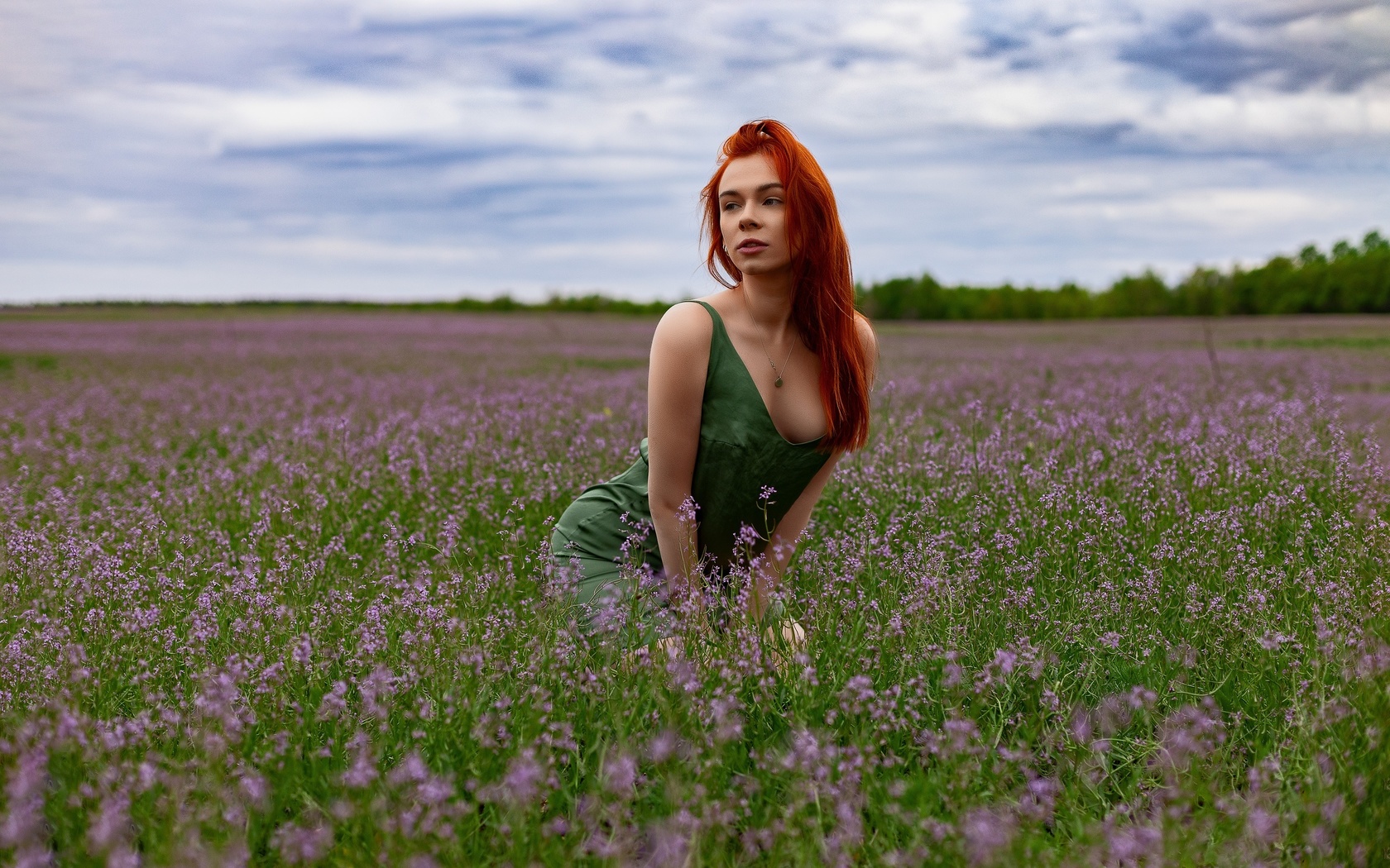 redhead, model, women, nature, green dress, neckline, flowers, grass, sky, clouds, necklace, trees, women outdoors