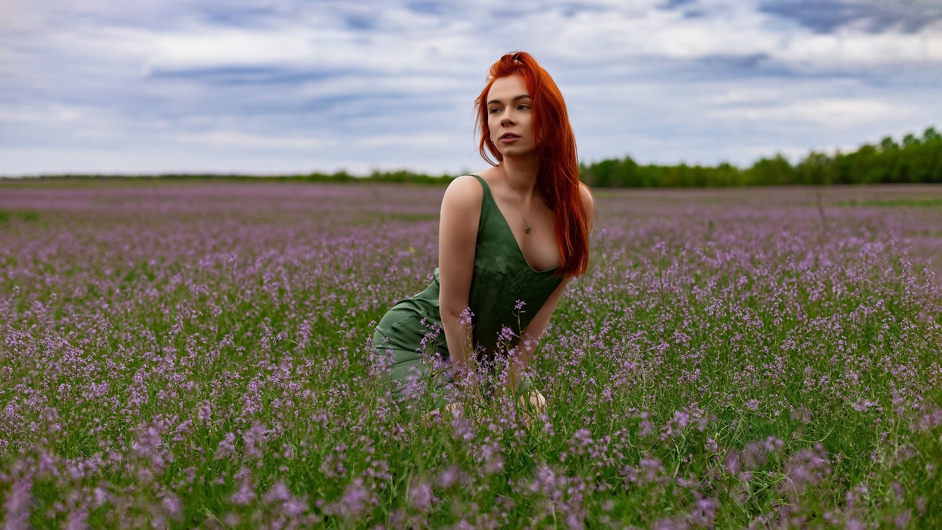 redhead, model, women, nature, green dress, neckline, flowers, grass, sky, clouds, necklace, trees, women outdoors
