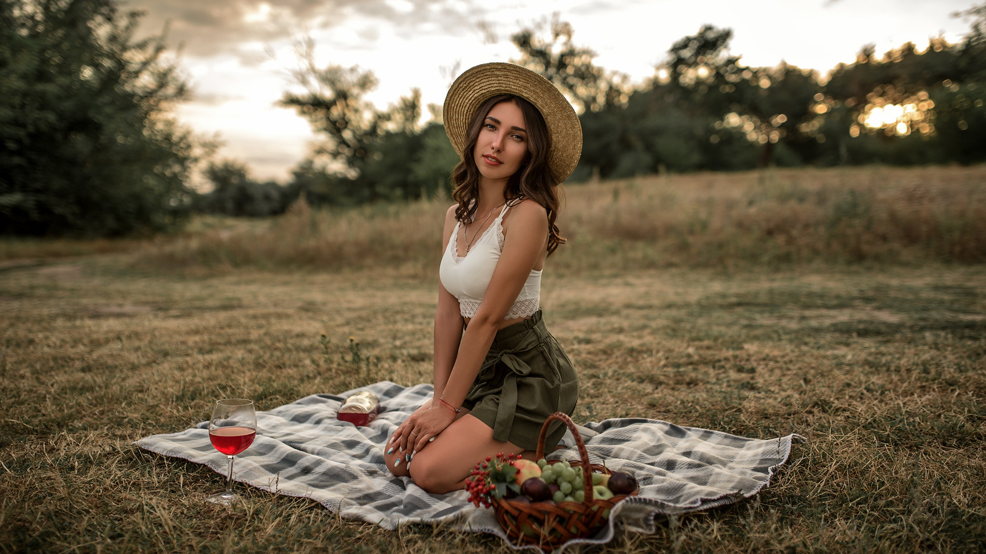 women, hat, smiling, grass, drinking glass, women outdoors, fruit, baskets, necklace, kneeling