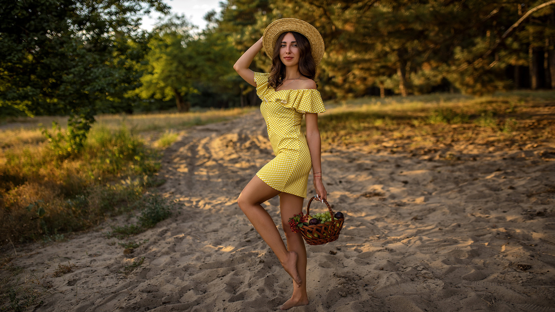 women, skinny, yellow dress, women outdoors, brunette, hat, smiling, fruit, polka dots, necklace, trees