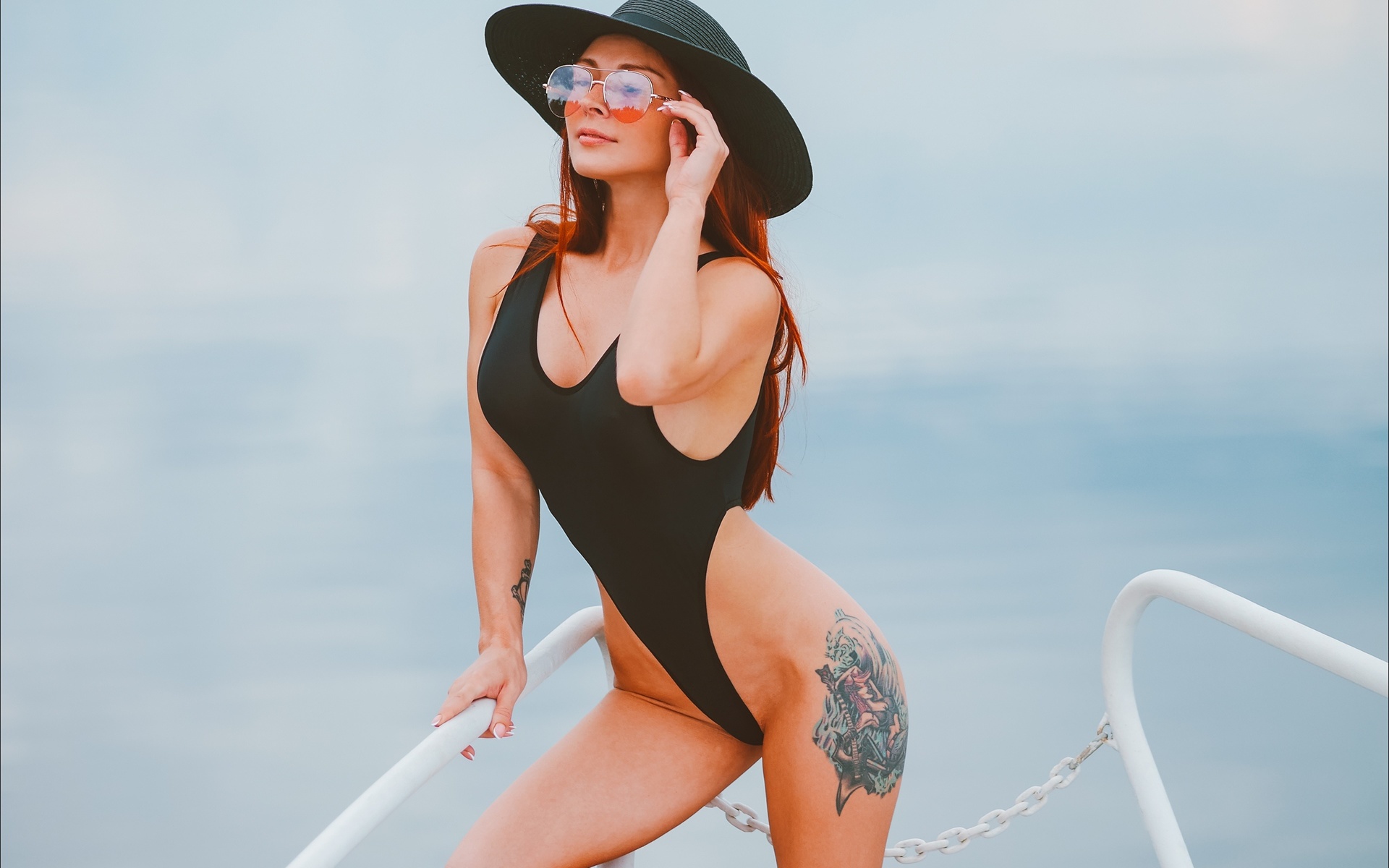 lelka serdyukova, swimwear, women, model, redhead, tattoo, hat, boat, sunglasses, sea, sky