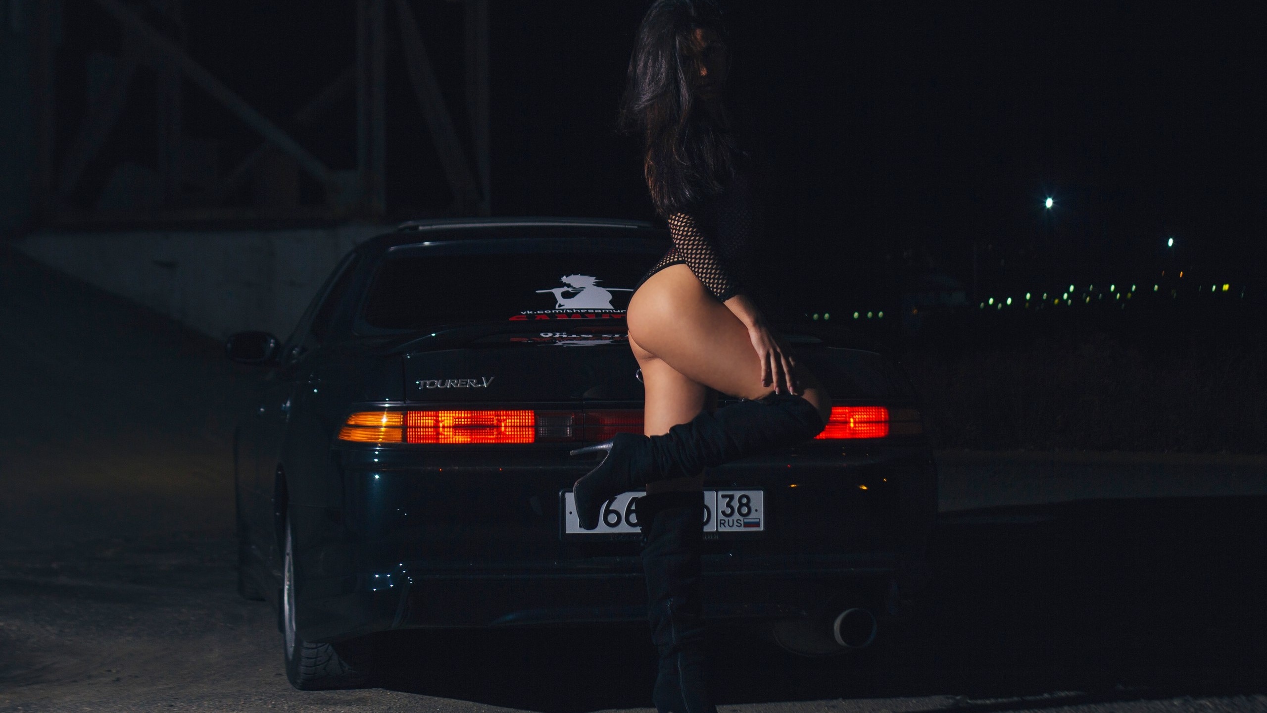 women, model, brunette, red panties, red bra, red panties, fishnet bodysuit, toyota tourer v, black car, knee-high boots, ass, night, women outdoors