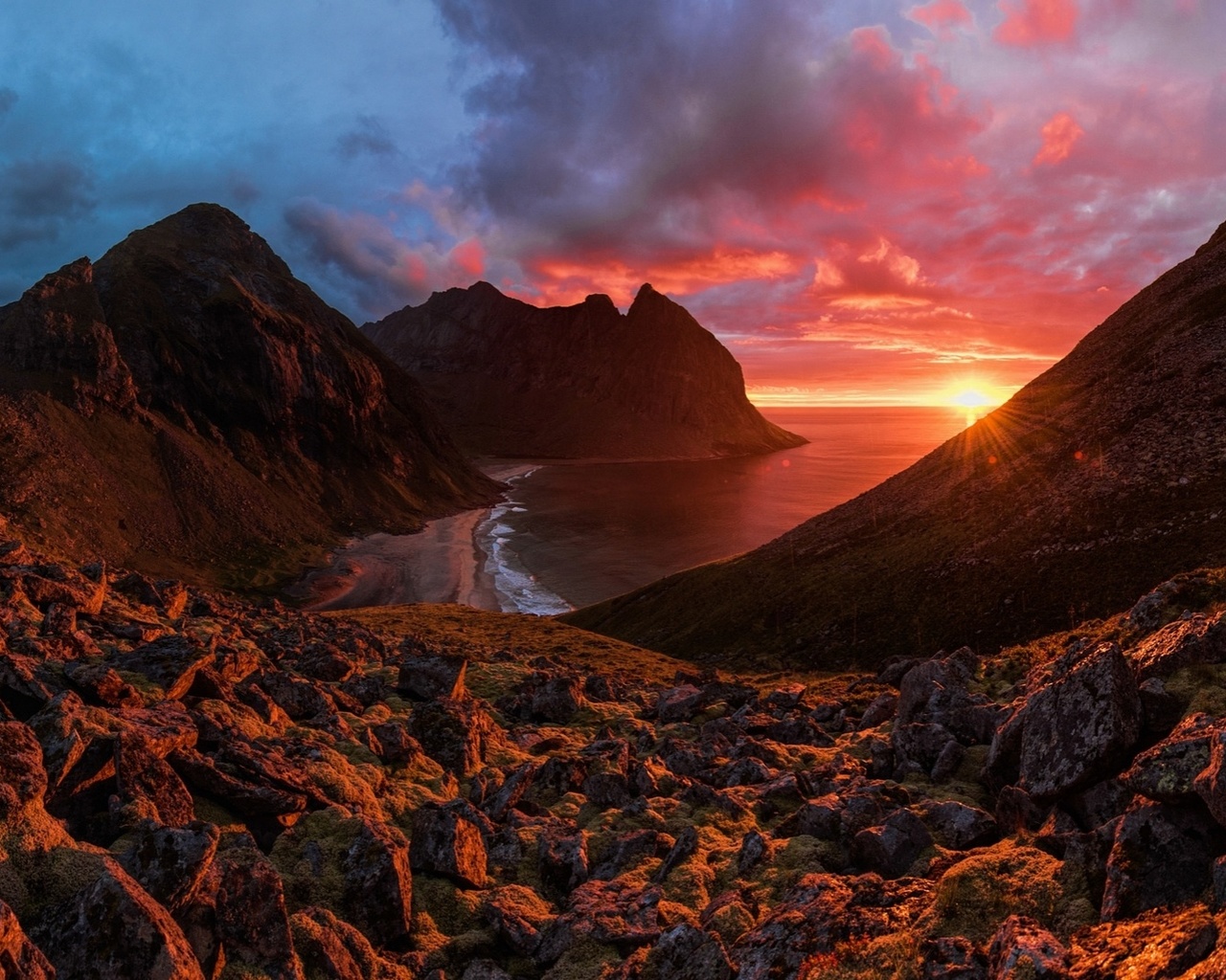 landscape, nature, mountains, sea, night, sunset