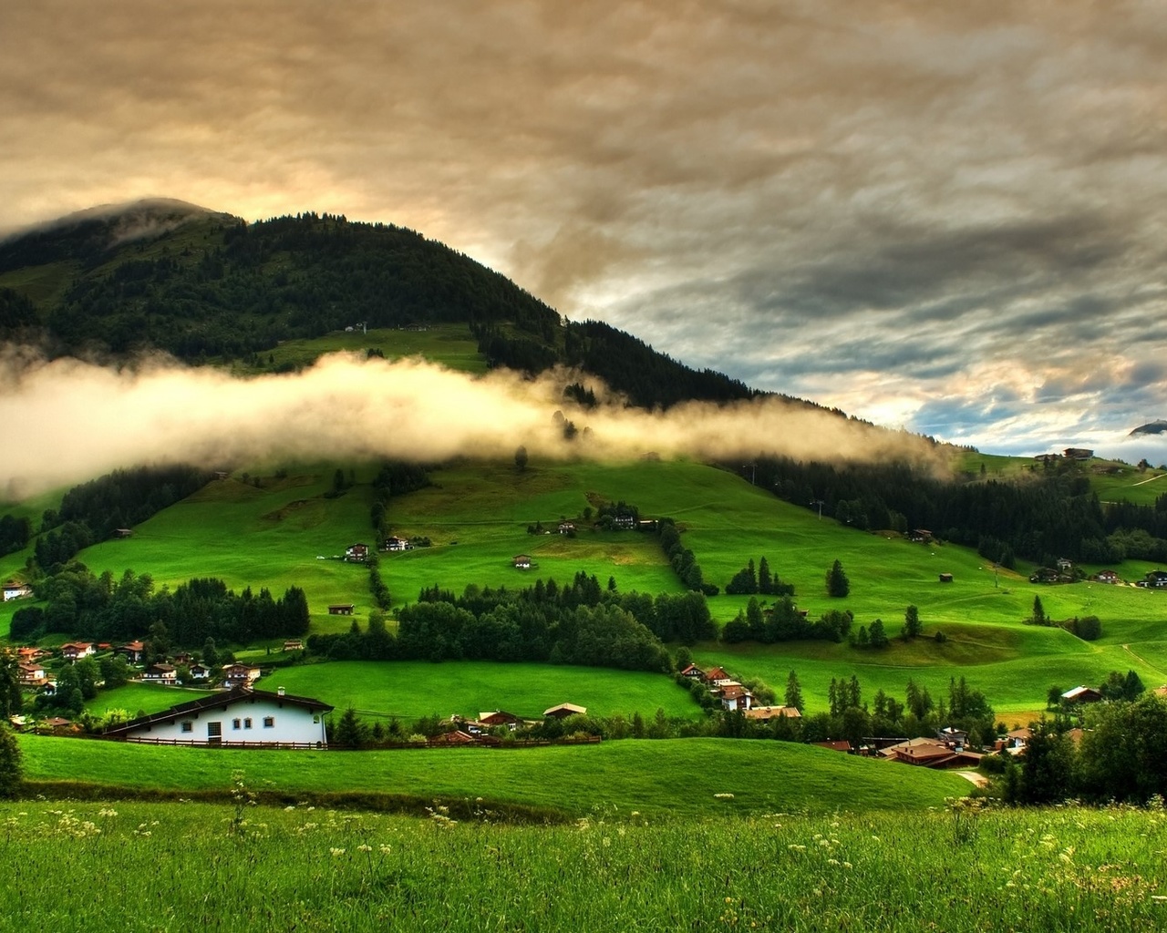 landscape, nature, mountains, hills, village, clouds