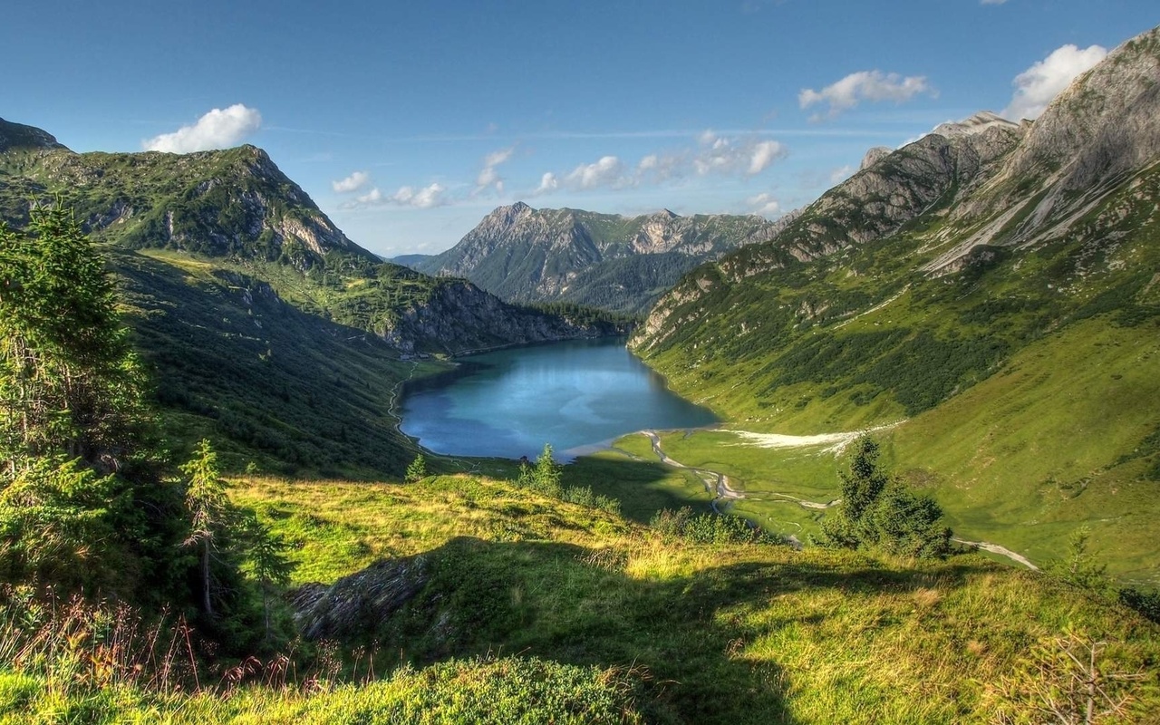 landscape, nature, mountains, lake, sky, clouds